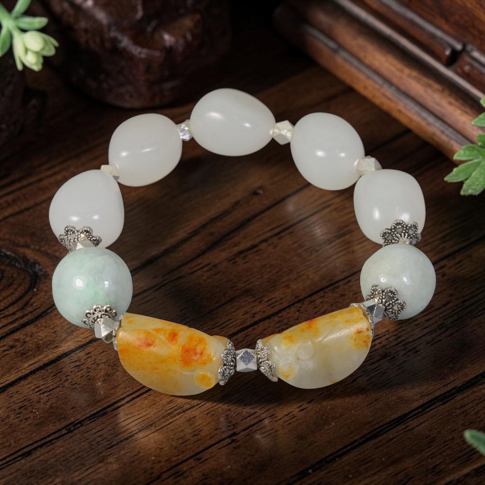 Chinese Hetian Nephrite Seed Pebble Jade & Burmese Jadeite Jade Beaded Bracelet, 87AR (1 of 1)