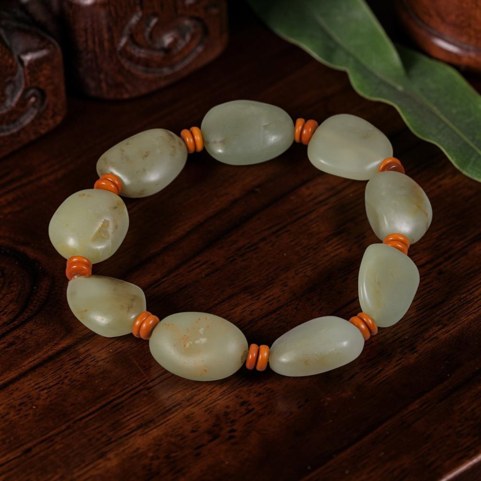 Chinese Hetian Nephrite Seed Pebble Bracelet - Pale Celadon River Jade Ornament, 93AR: This bracelet is assembled from natural uncarved Hetian nephrite river seed pebbles, each retaining smooth organically rounded river-worn oval forms with soft pale celadon base tone accented by faint 