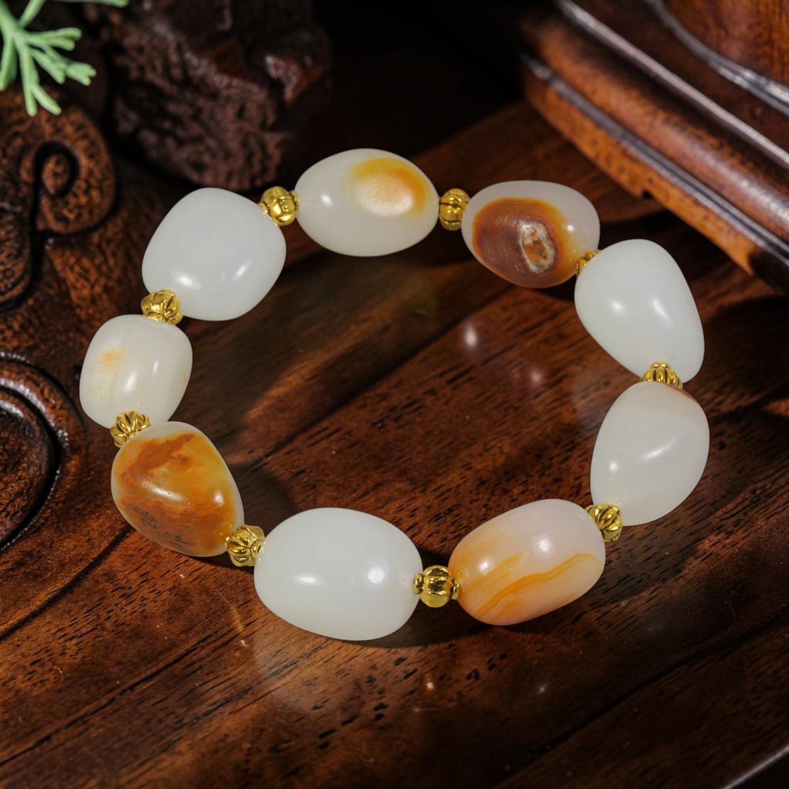 Chinese Hetian Nephrite White Seed Pebble Jade Beaded Bracelet, 77AR (1 of 1)