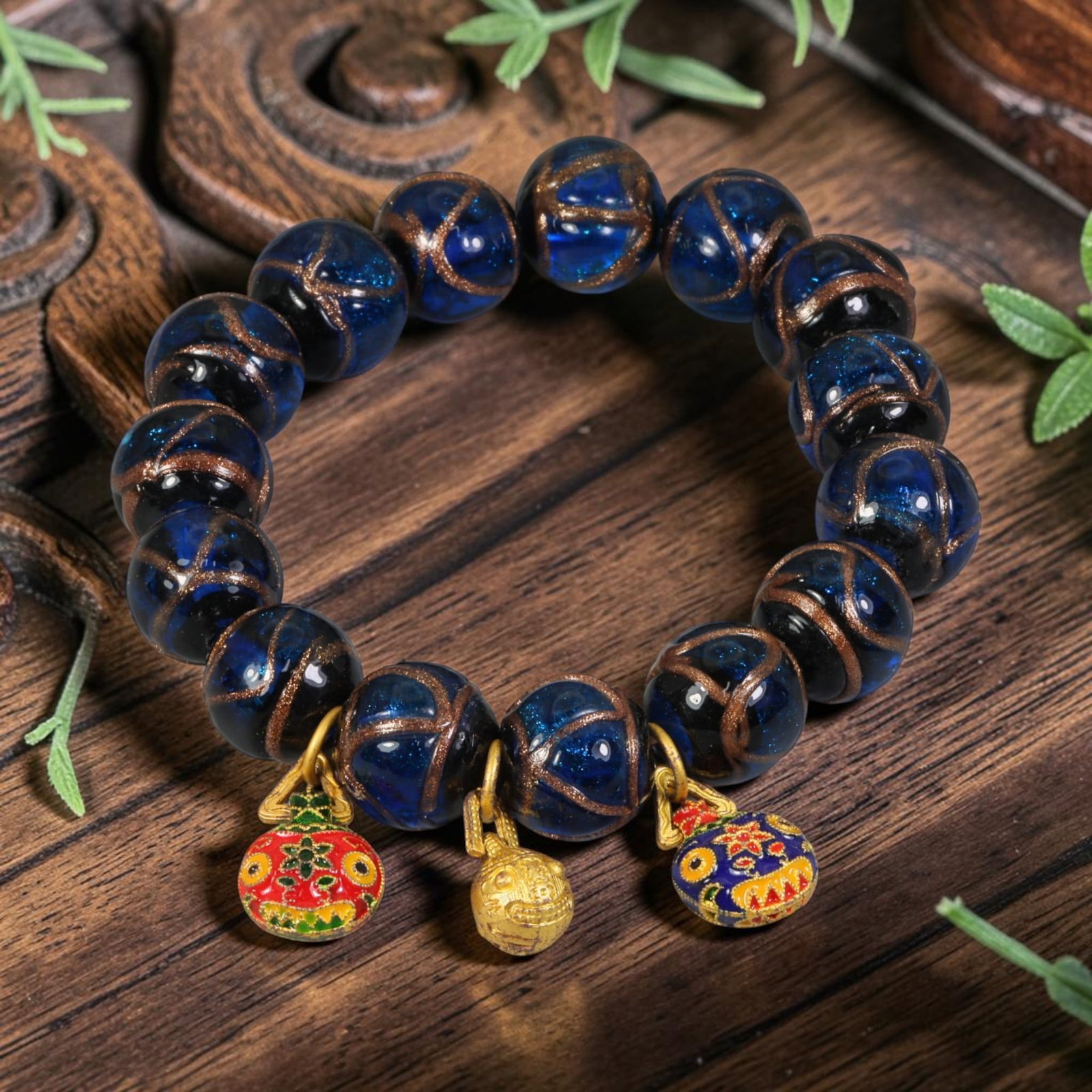 Chinese Cobalt Glass Beaded Bracelet - Gold Sand Wire Lampwork Glass Ornament, 67AR: Constructed from hand-blown Chinese lampwork glass beads, each spherical bead features translucent deep cobalt blue glass infused with fine gold sand glitter, overlaid with raised winding bronze-toned