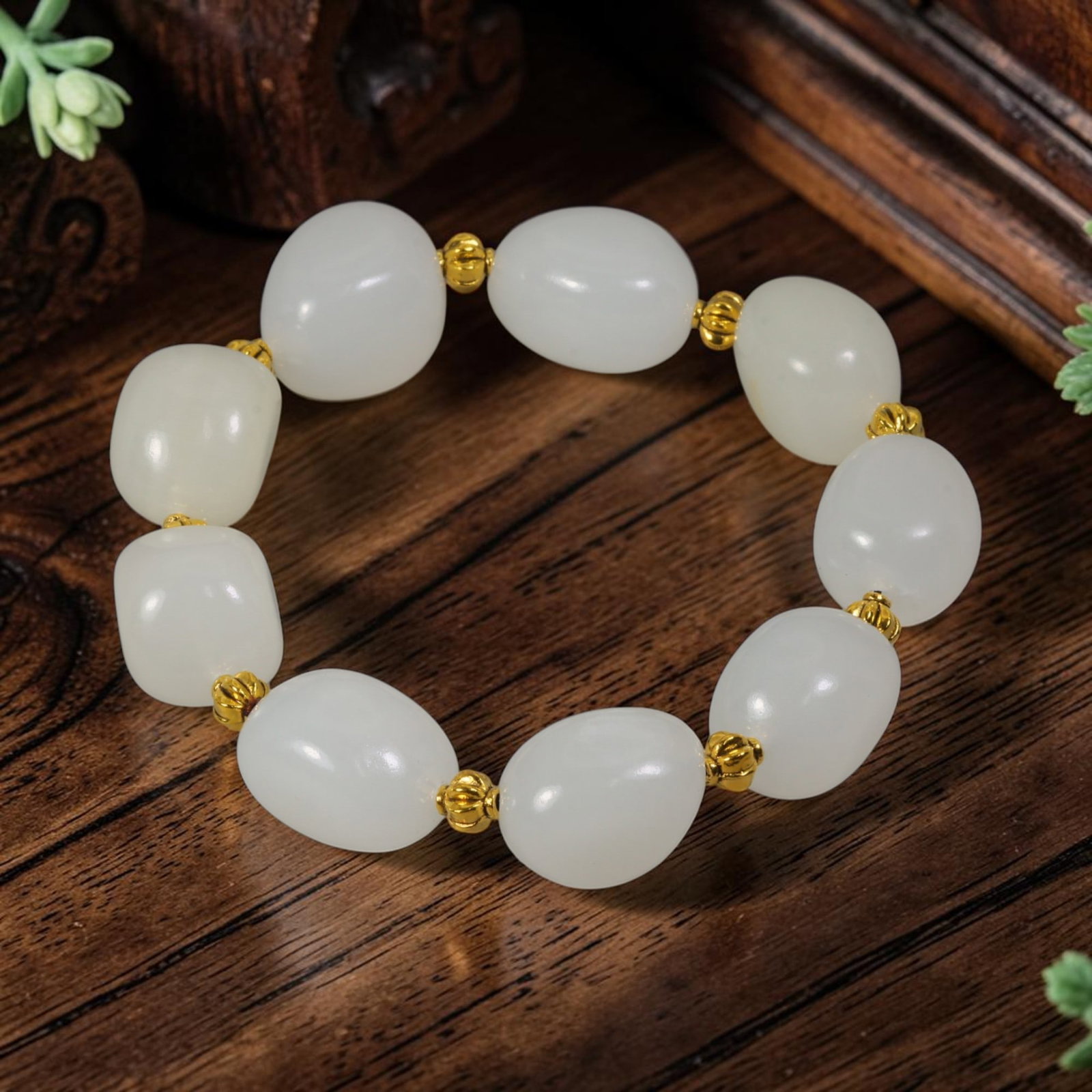 Chinese Hetian Nephrite White Seed Pebble Jade Beaded Bracelet, 73AR (1 of 1)
