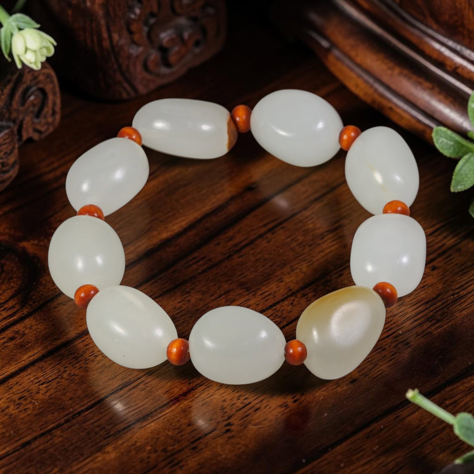 Chinese Hetian Nephrite White Seed Pebble Jade Beaded Bracelet, 80AR (1 of 1)