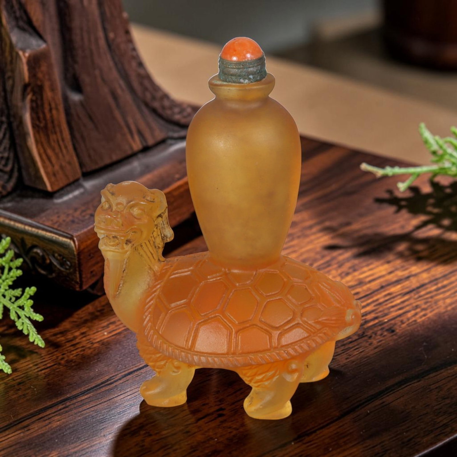 Vintage Chinese Honey Amber Liuli Glass Snuff Bottle - Dragon Turtle Tortoise Base Sculpted Vessel, (1 of 2)