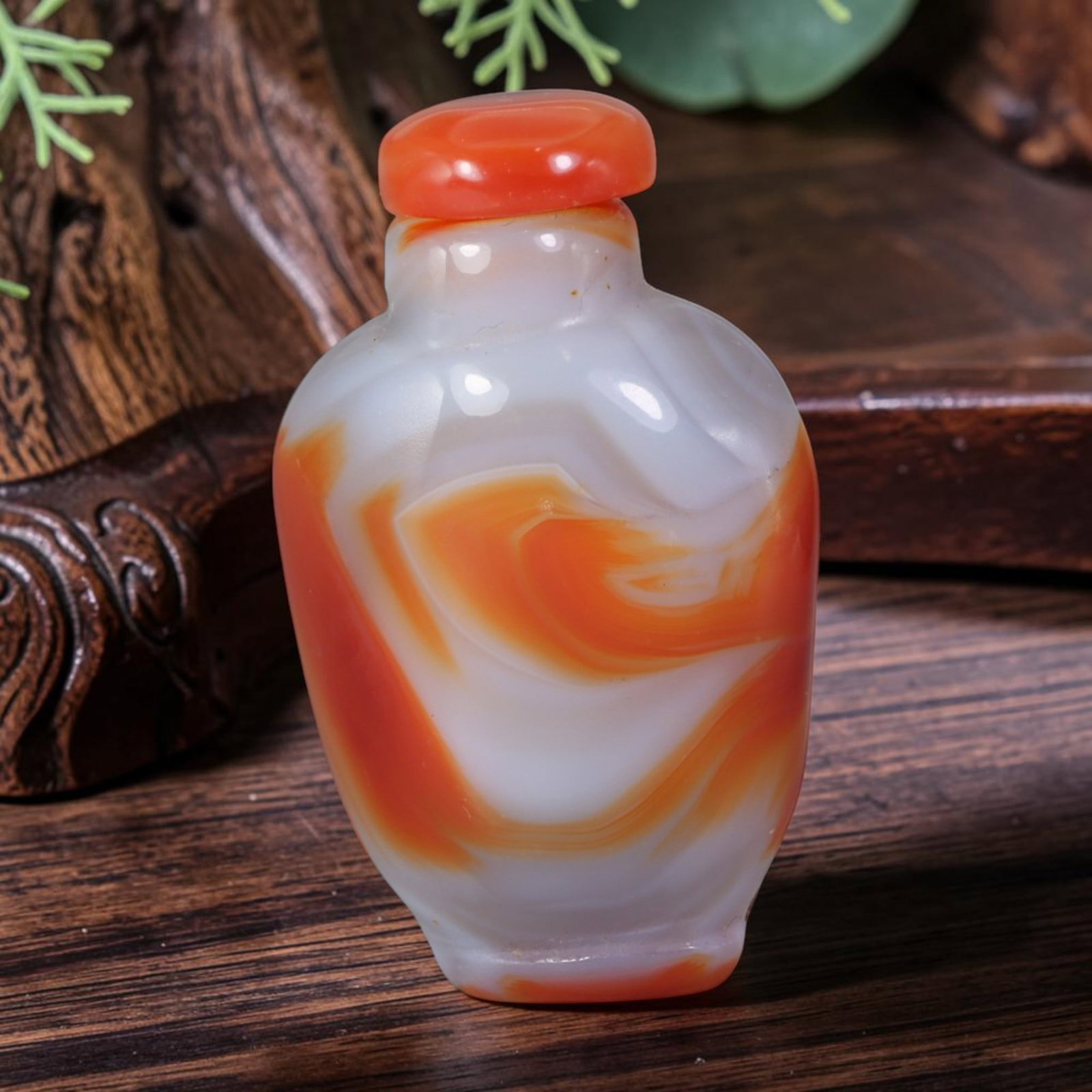 Natural Mongolian Agate Snuff Bottle - Bold Orange Swirl Chalcedony Vessel, 61AS (1 of 2)