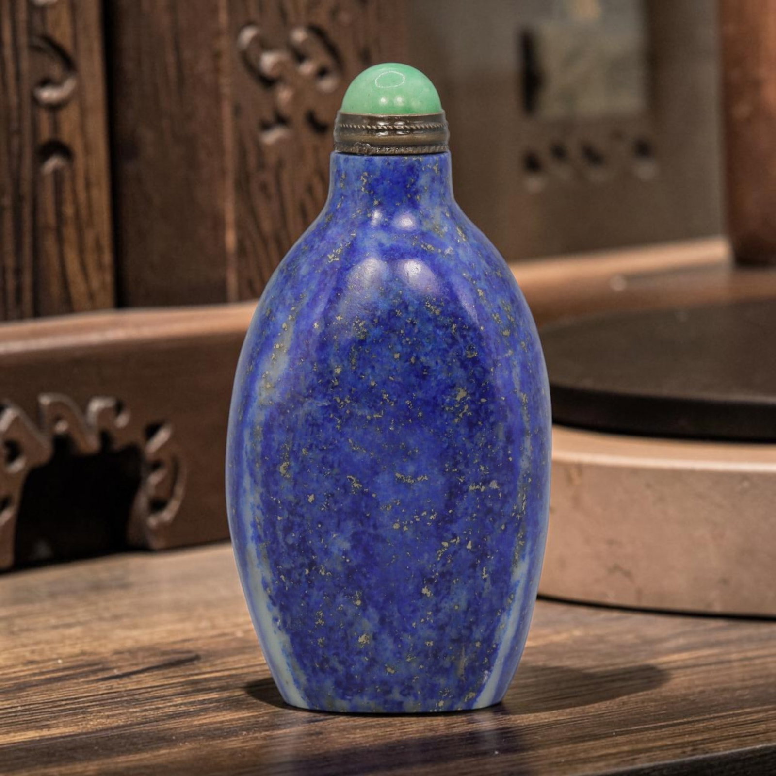 Vintage Chinese Lapis Lazuli Snuff Bottle - Elegant Slender Form, 51YF: Crafted from solid lapis lazuli, this vintage Chinese snuff bottle features a smooth, polished elegant slender form. The stone exhibits a rich deep blue hue with natural pyrite inclusions and subtle g