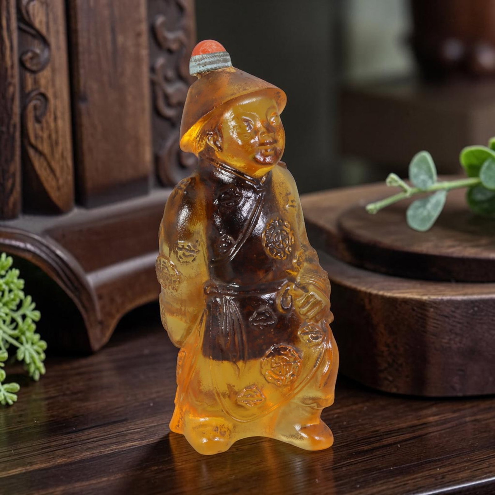 Vintage Chinese Honey Amber Liuli Glass Snuff Bottle - Qing Attendant Figurine Vessel, 53AS (1 of 2)