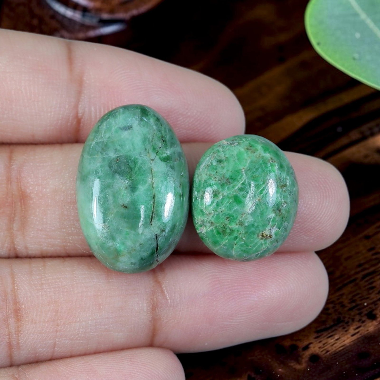 20.42ct Natural Burmese Type A Jadeite Jade Cabochon Pair, 14EC: Cut from all-natural untreated Burmese Type A jadeite jade, this matched cabochon pair features smooth domed polish and flat bases crafted specifically for custom earring setting. The two cabochons di