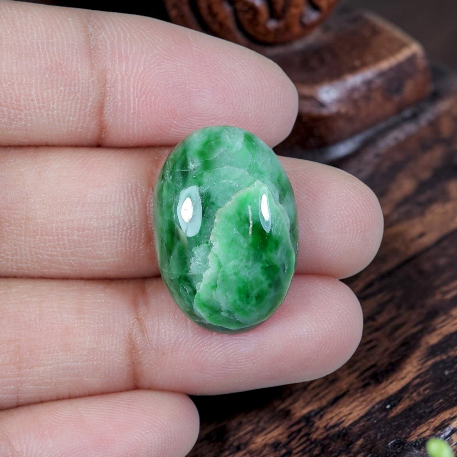 16.56ct Natural Burmese Type A Jadeite Jade Cabochon, 94EB: Polished from untreated natural Burmese Type A jadeite jade, this oval cabochon features plump domed polish and flat base suitable for ring or small pendant setting. Pale celadon green background matr