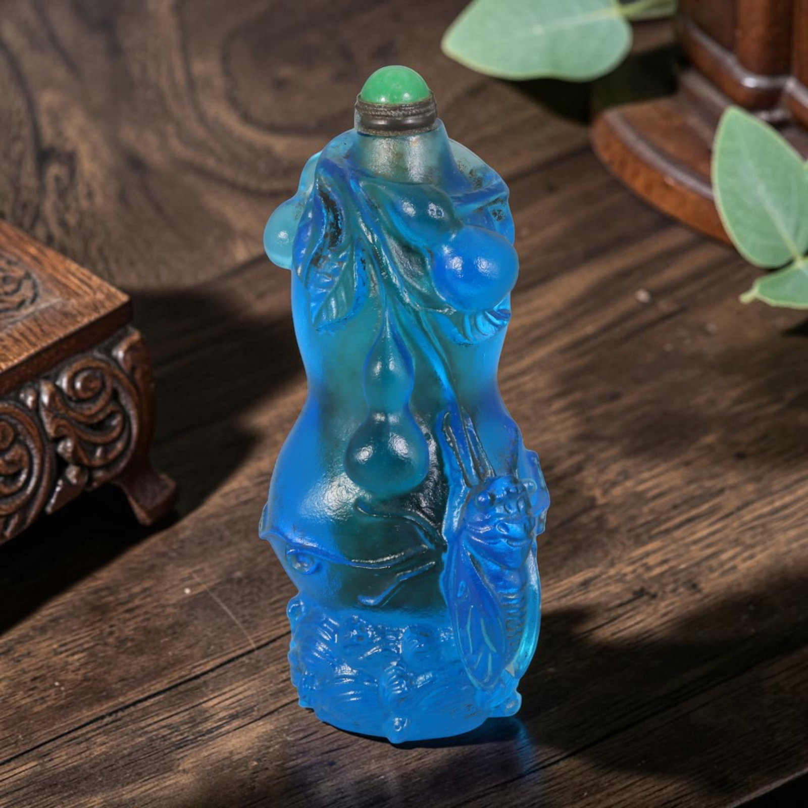 Vintage Chinese Sky-Blue Liuli Glass Snuff Bottle - Relief Gourd & Cicada Carved Vessel, 49AS (1 of 2)