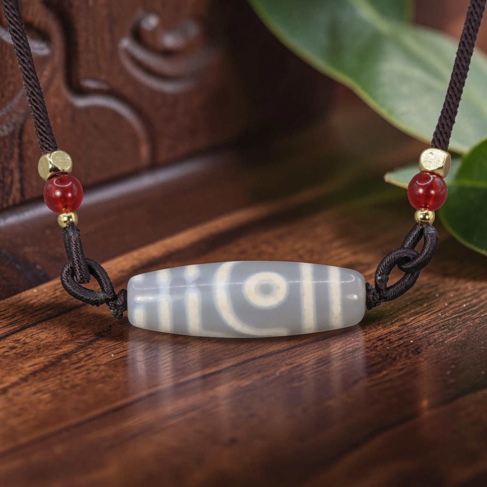 A Chinese Agate Two Eye Dzi Bead - Tibetan Pendant Necklace, 3YJ: Crafted from pale translucent natural agate with etched soft white mineral inlay forming classic two-eye symbolic motifs framed by thin vertical banding across the cylindrical bead form. The two eye t