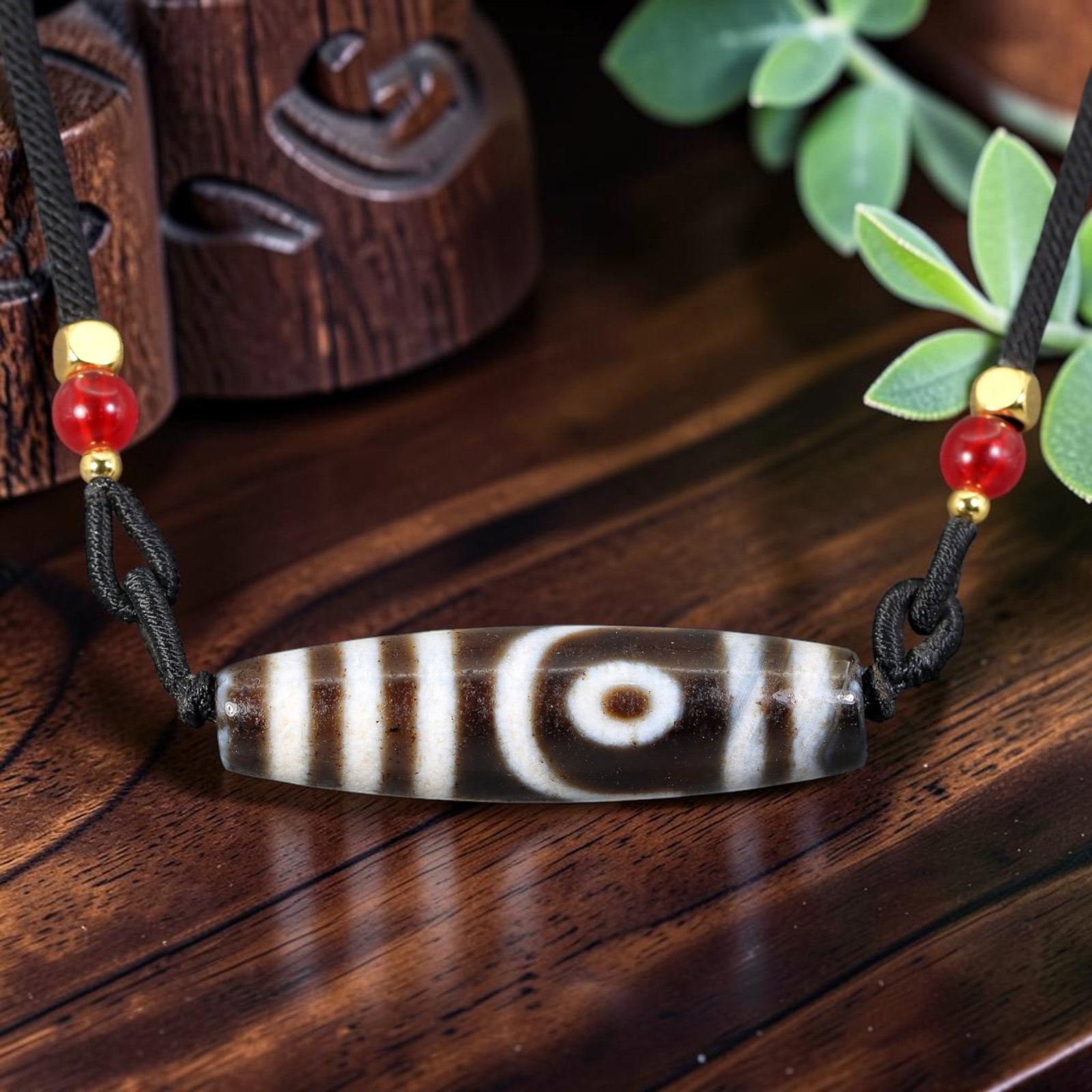 A Chinese Agate Two Eye Dzi Bead - Tibetan Pendant Necklace, 87AS: Crafted from polished banded dark brown natural agate with etched milky white mineral inlay forming the classic two-eye sacred totem, framed by evenly spaced thick horizontal stripes across the smooth