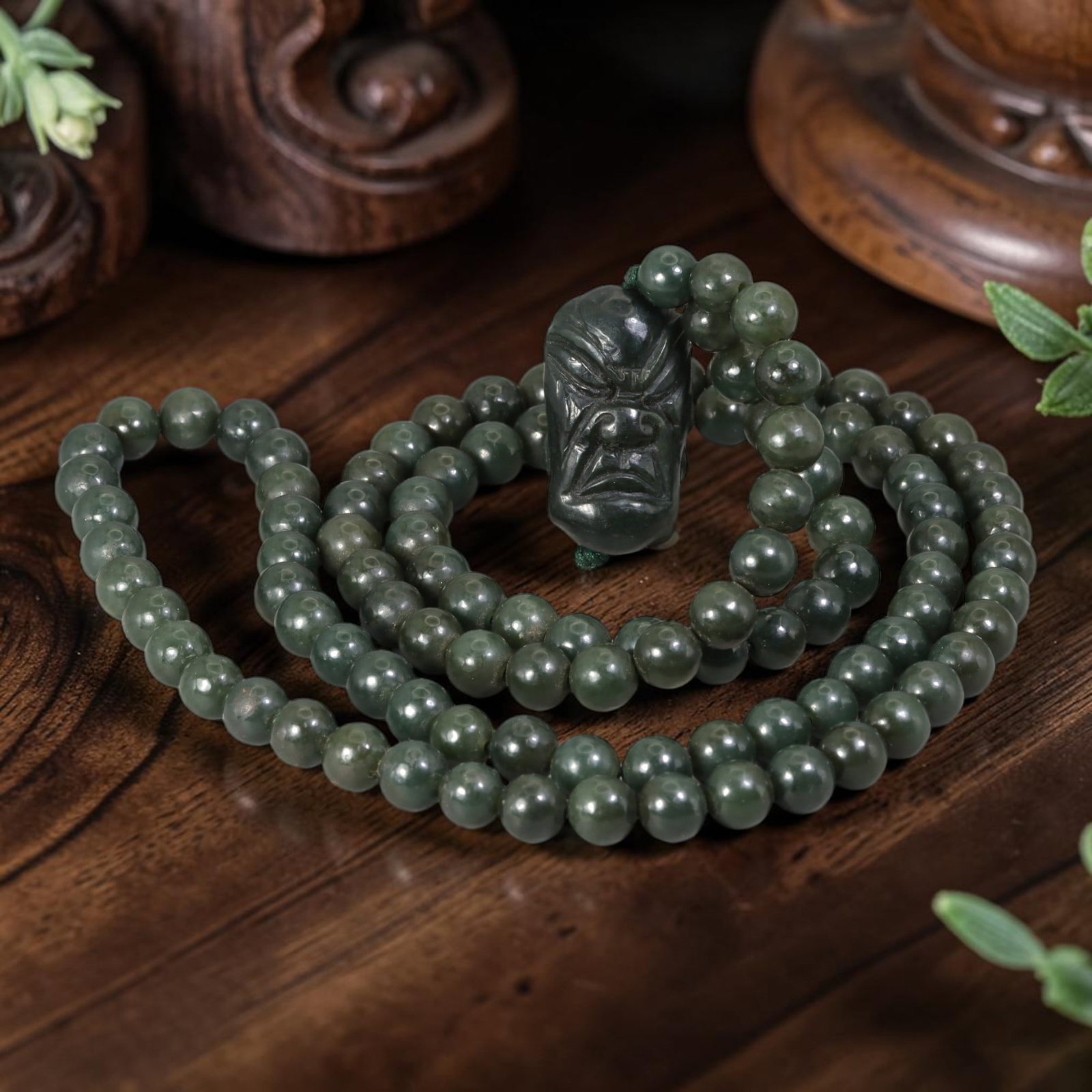 Natural Dark Green Xinjiang Hetian Nephrite Luohan Head Prayer Beads Necklace Pendant, 36AT: Traditional Buddhist 108-count mala meditation strand fully crafted from uniform dark forest-green Xinjiang Hetian nephrite jade, measuring 82 cm in total length. Each round jade bead is meticulously 
