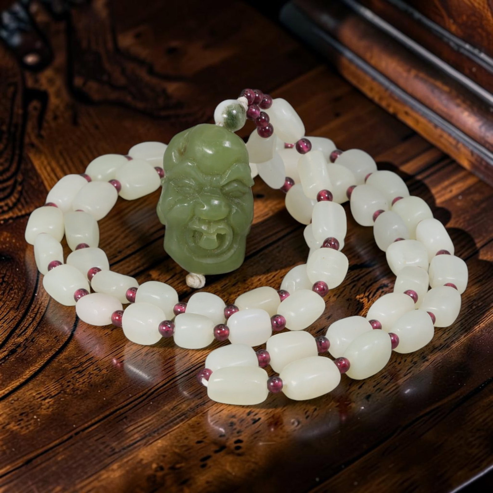 Natural Xinjiang Hetian Pale White Seed Jade Necklace With Celadon Luohan Head Pendant, 32AT: This full wearable necklace strand measures 62 cm in total length, constructed from pure natural untreated Xinjiang Hetian mutton fat white river seed nephrite pebbles with minimal faint natural skin 