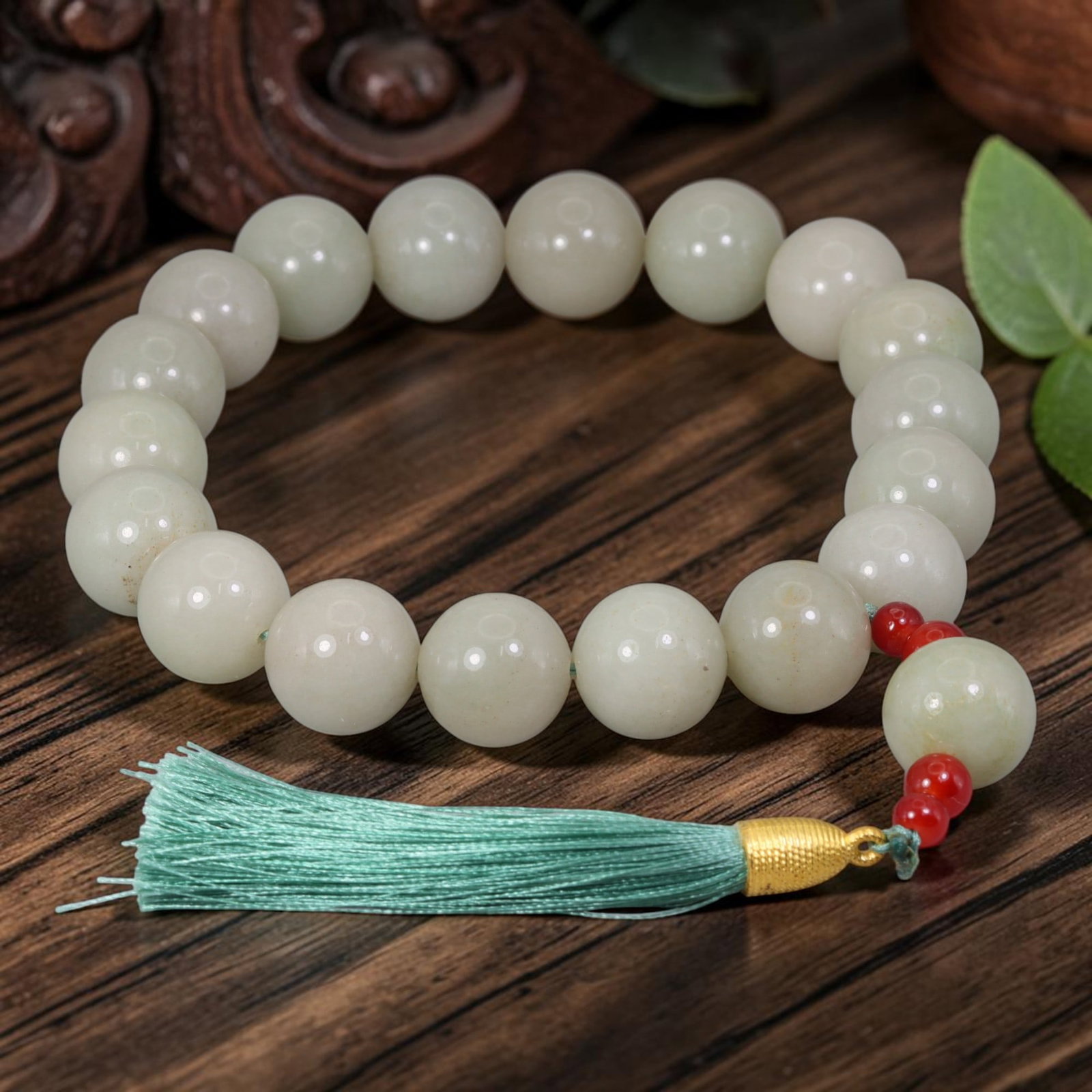 Natural Xinjiang Pale Celadon White Hetian Jade Prayer Mala, 18 Round 18.4mm Beads, 38AT (1 of 1)