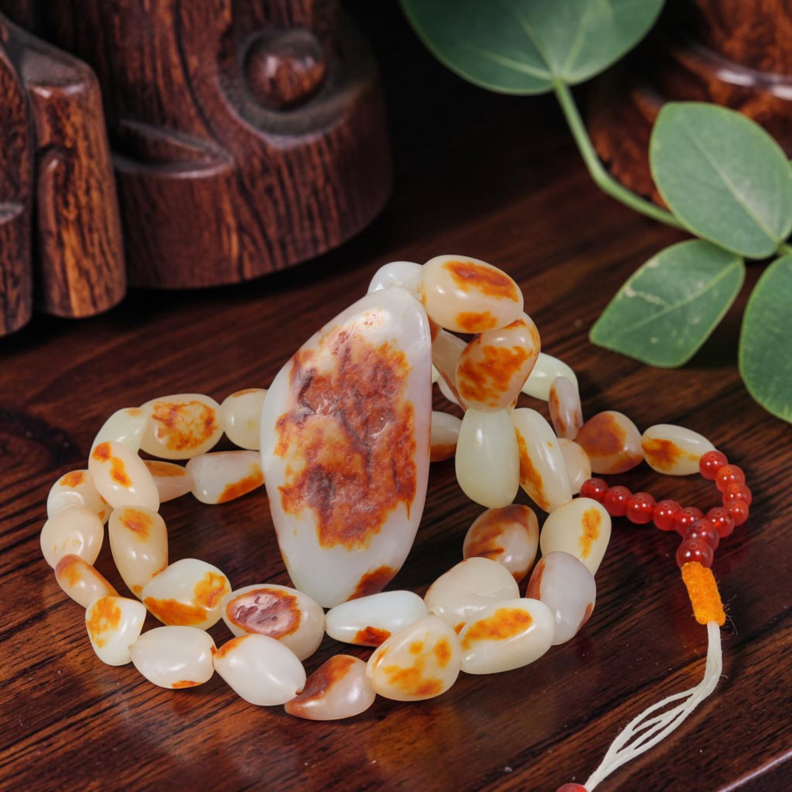 Natural Xinjiang Hetian Red Skin Mutton Fat White Jade Seed Pebble Necklace Pendant, 19AT: Genuine natural Xinjiang Hetian mutton fat white nephrite seed pebble full necklace set, featuring a matching large focal seed pendant and a strand of smaller natural jade seed beads, all retaining th