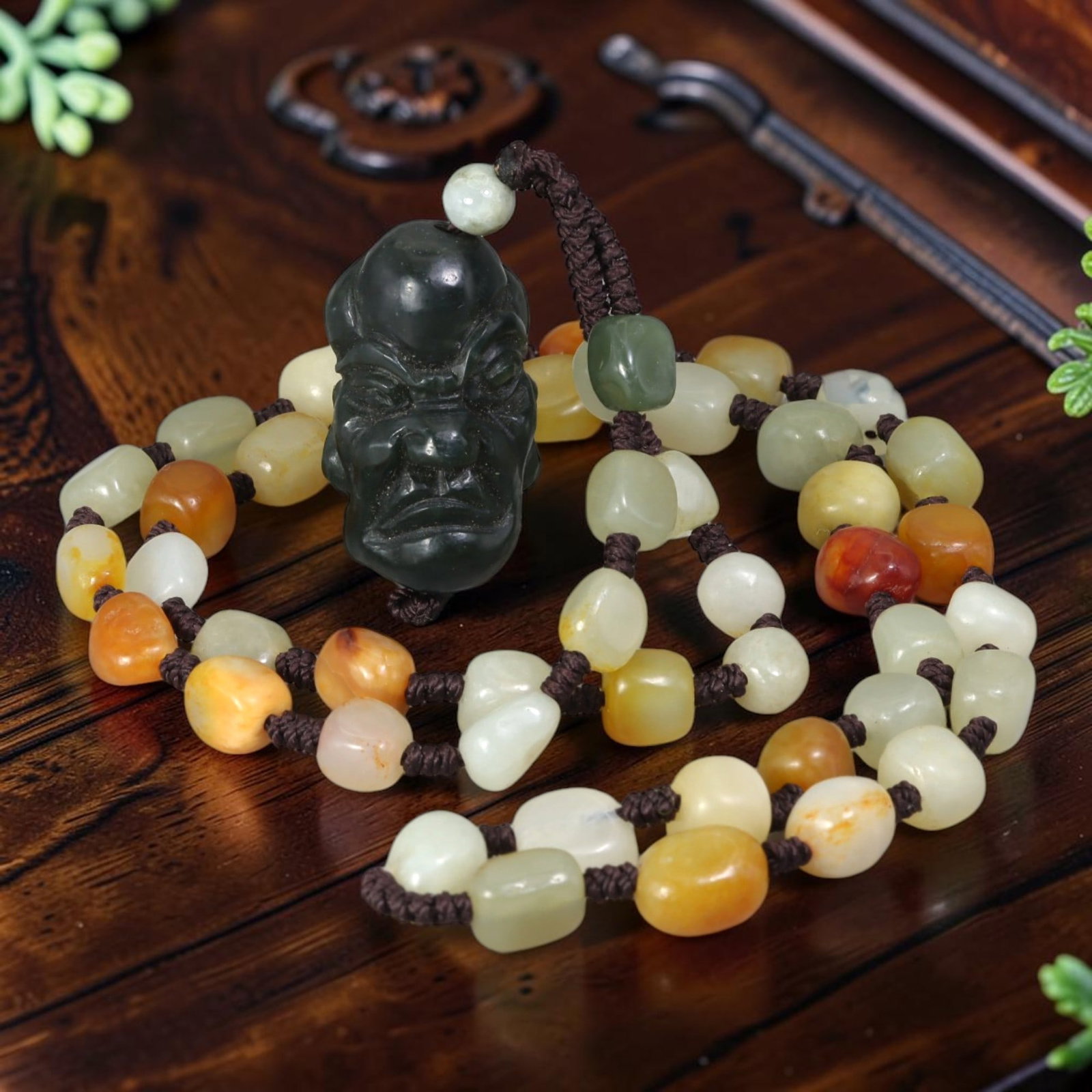 Natural Xinjiang Hetian Dark Green Luohan Head Russet Skin Seed Jade Necklace Pendant, 33AT: Measuring 62 cm in full wearable length, this necklace strand is constructed from genuine untreated Xinjiang Hetian nephrite river seed pebbles, each marked with natural warm amber and orange russet s