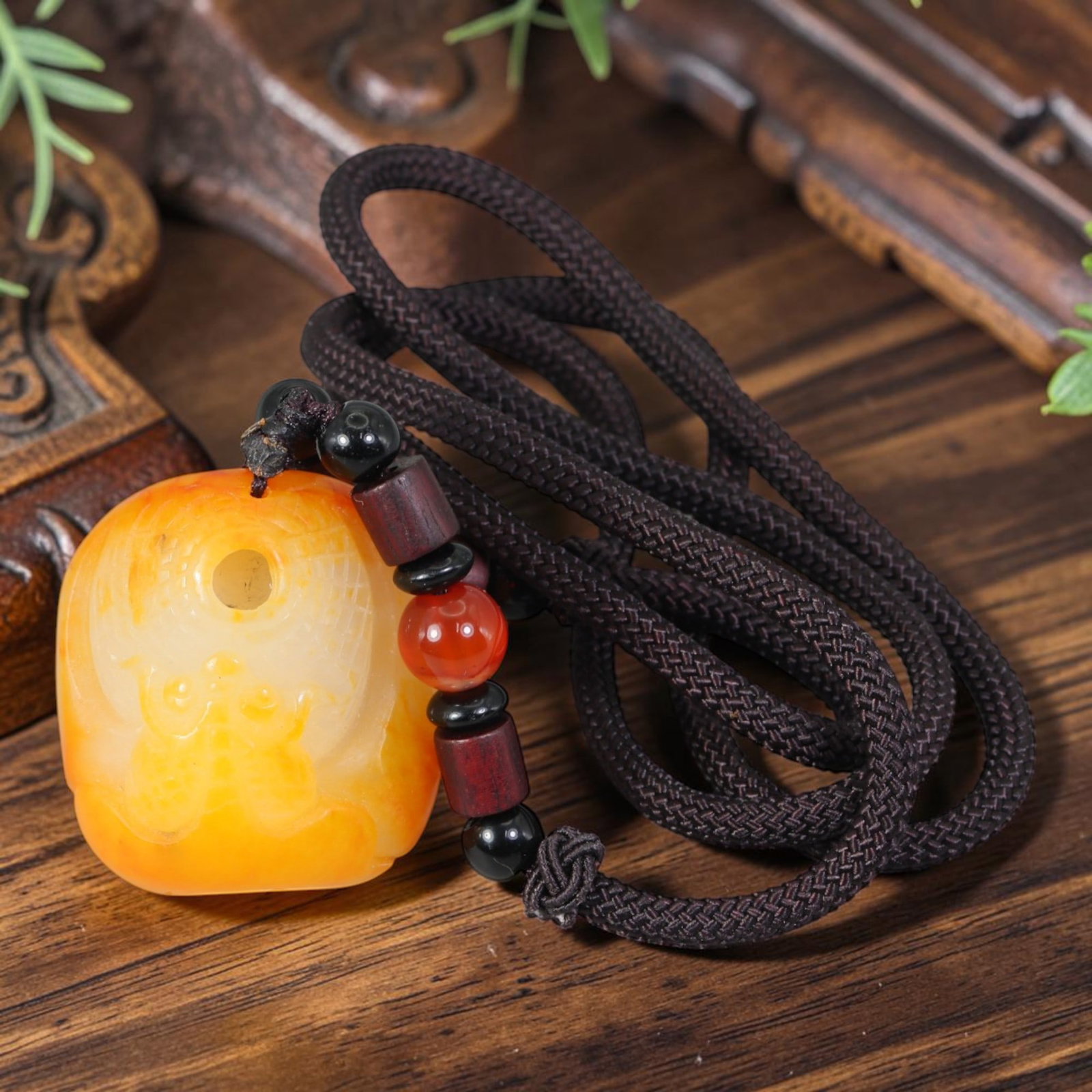 Natural Xinjiang Hetian Yellow Skin White Nephrite Bat Coin Carved Pendant Necklace, 40AT: Hand carved from natural Xinjiang Hetian nephrite jade with striking natural golden-yellow russet skin overlaying creamy pale white jade core, this compact rounded square pendant measures 3 cm across.