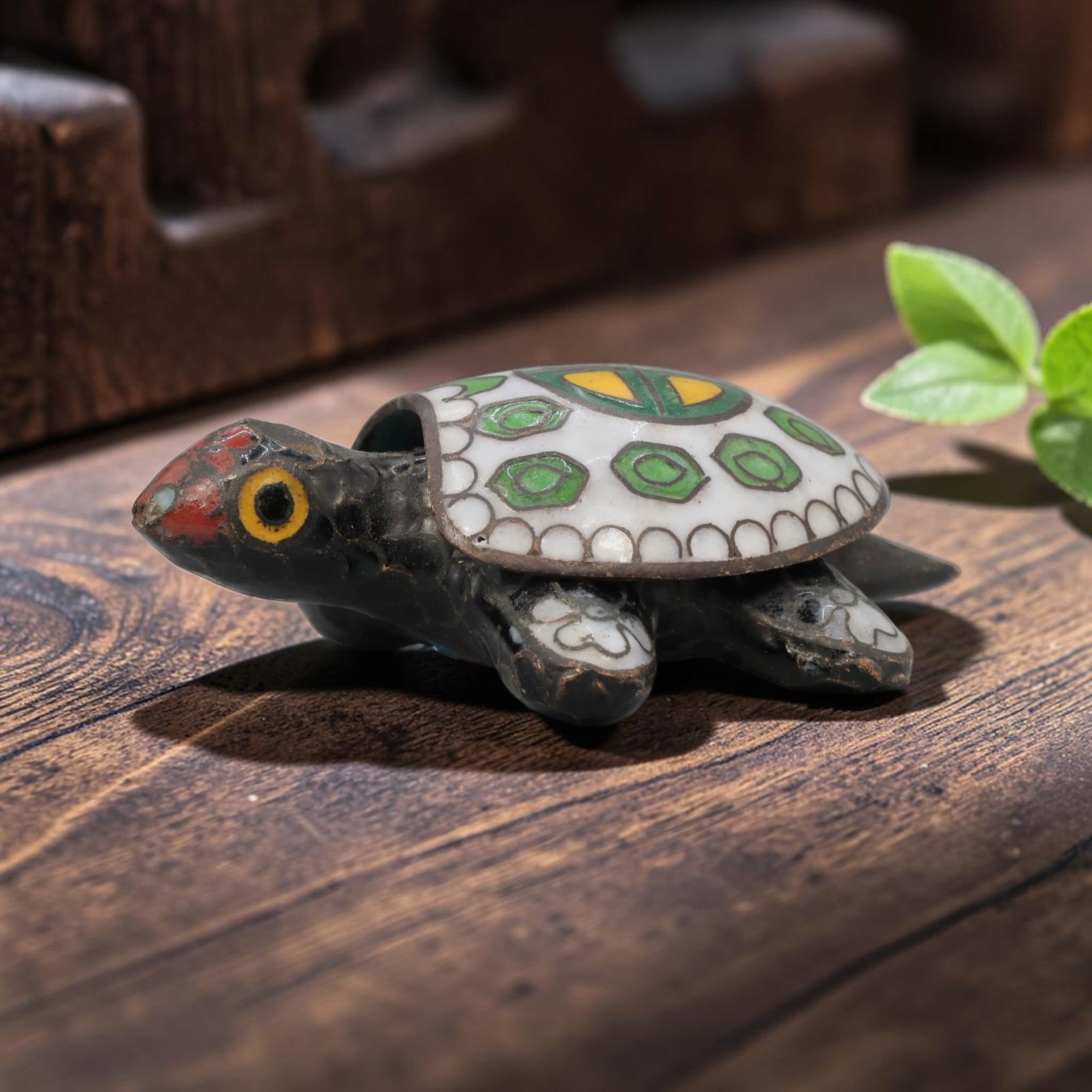 Vintage Chinese Copper Cloisonne Turtle Trinket Box - Enamel Figurine Casket, 19YF: Crafted from copper base metal with fine cloisonne wire filigree and hand-fired polychrome enamel glazes, this whimsical turtle-shaped lidded trinket box features a black enamel body with scale detail
