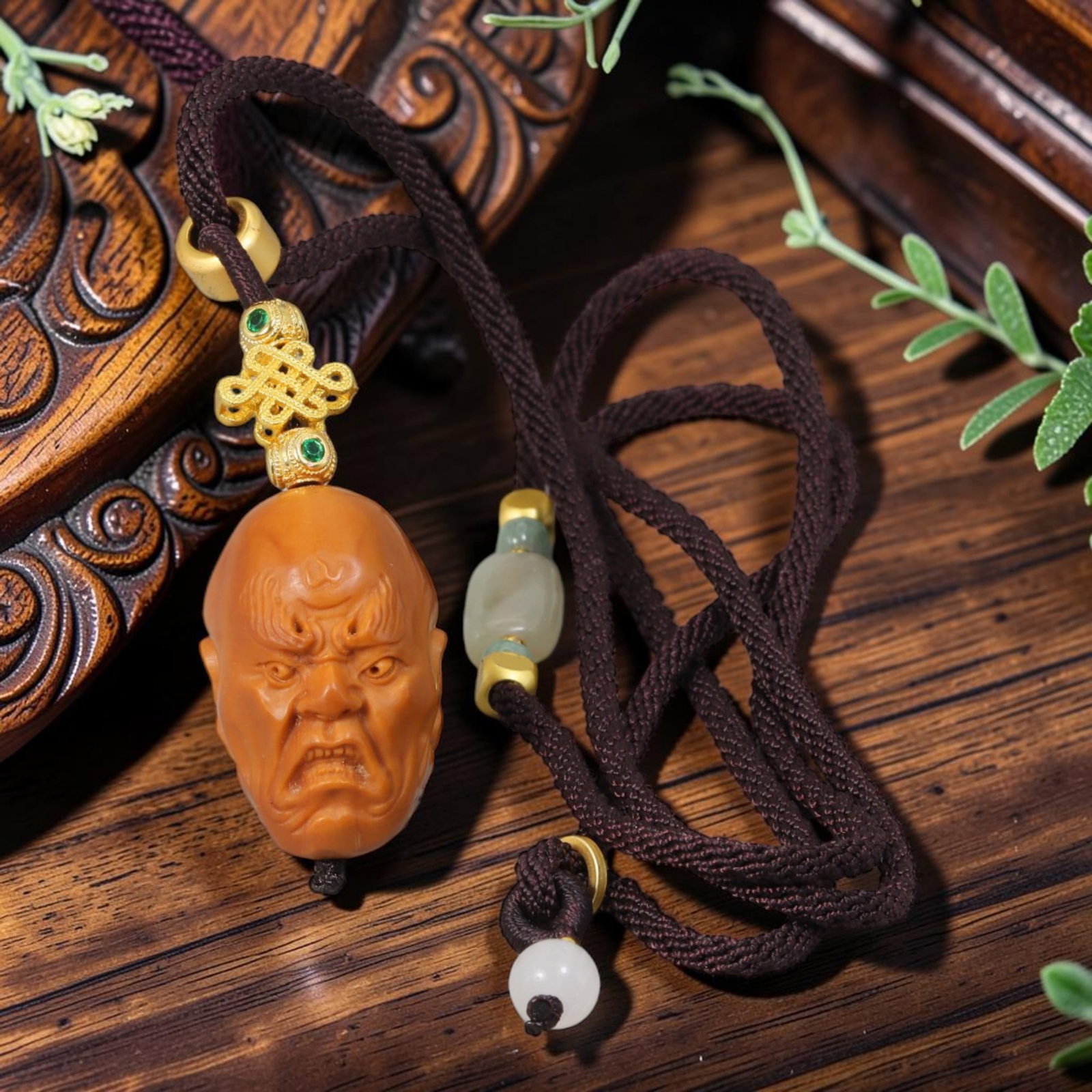 Chinese Olive Nut Pendant - Roaring Fierce Arhat Luohan Carving, 24YJ: Carved from solid natural olive nut kernel, this wearable pendant features detailed hand carving of a roaring fierce Arhat (Luohan) head with furrowed brows and open stern mouth, a bold motif within t