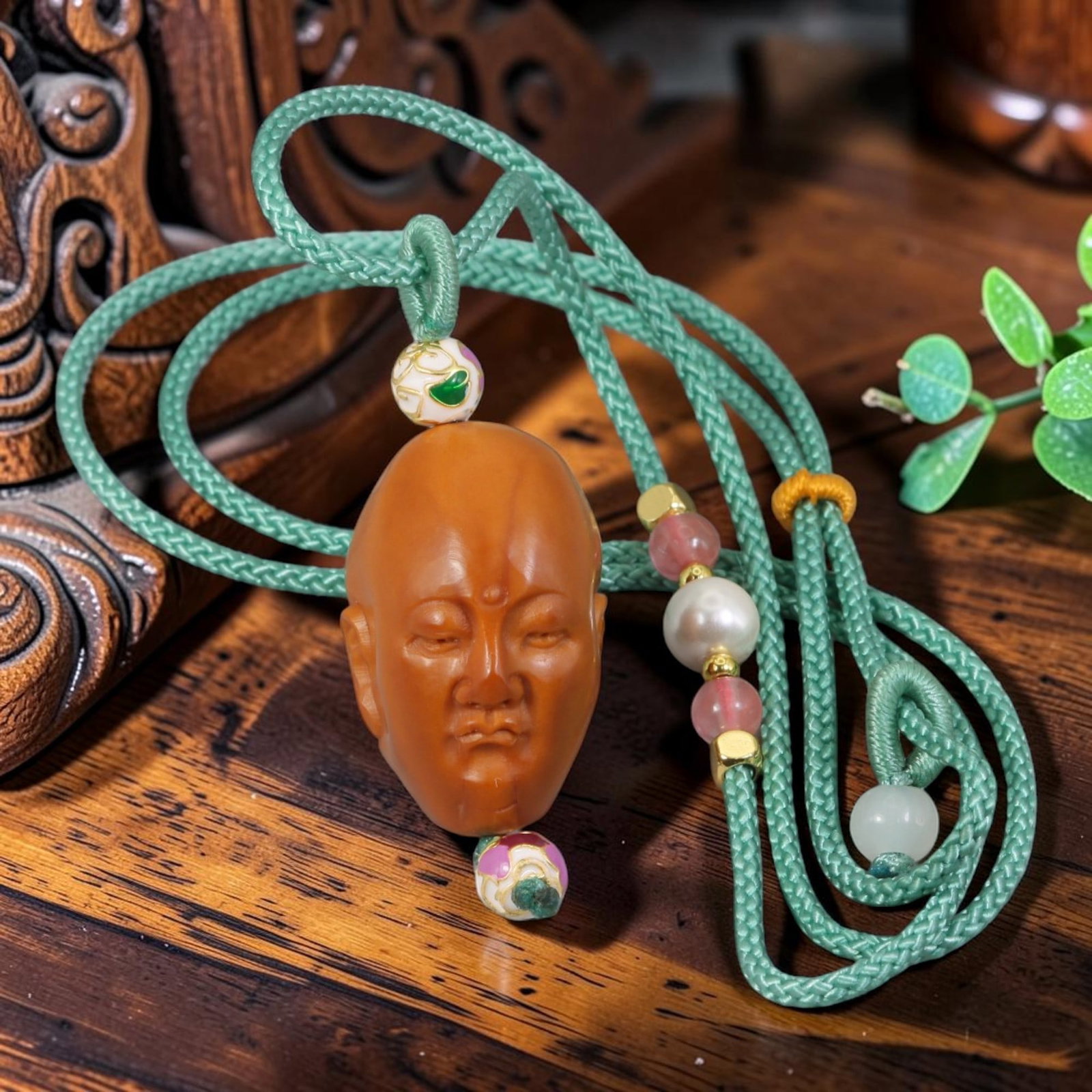 Chinese Olive Nut Pendant - Arhat Luohan Head Carving, 16AT: Crafted entirely from natural olive nut kernel, this wearable pendant features fine hand-carved rendering of a solitary Arhat (Luohan) head with serene, distinct facial gesture typical of Chinese Budd