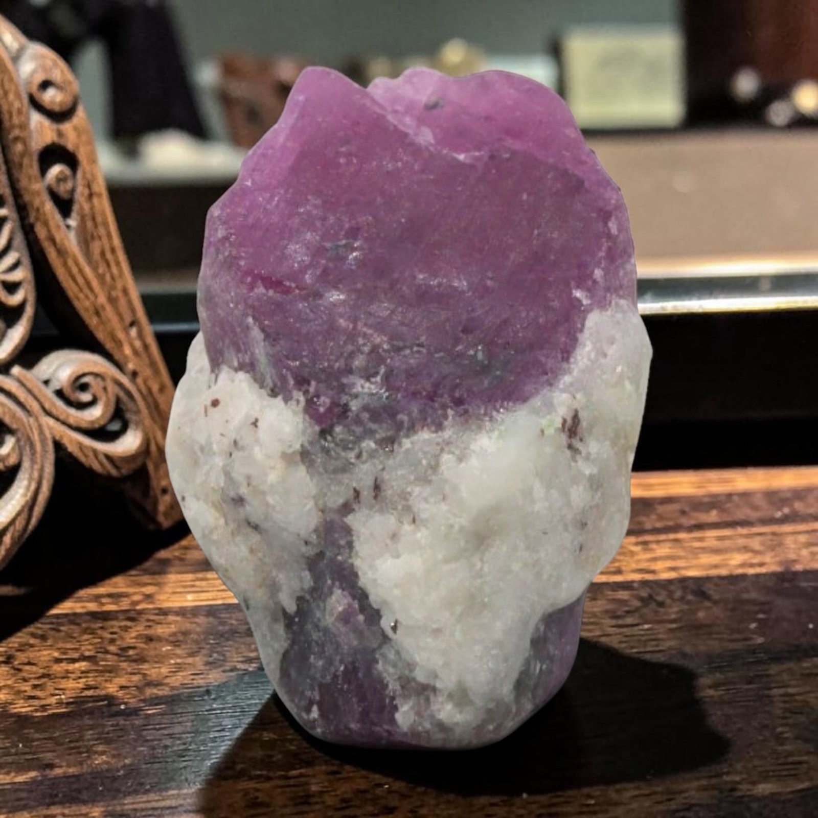 10.32ct Natural Mauritania Ruby Rough (Unheated), 73XE: This unheated Mauritania ruby rough is a captivating natural crystal specimen, featuring vivid magenta-purple ruby formations embedded in a contrasting greyish matrix. The stone's rugged, unpolished s