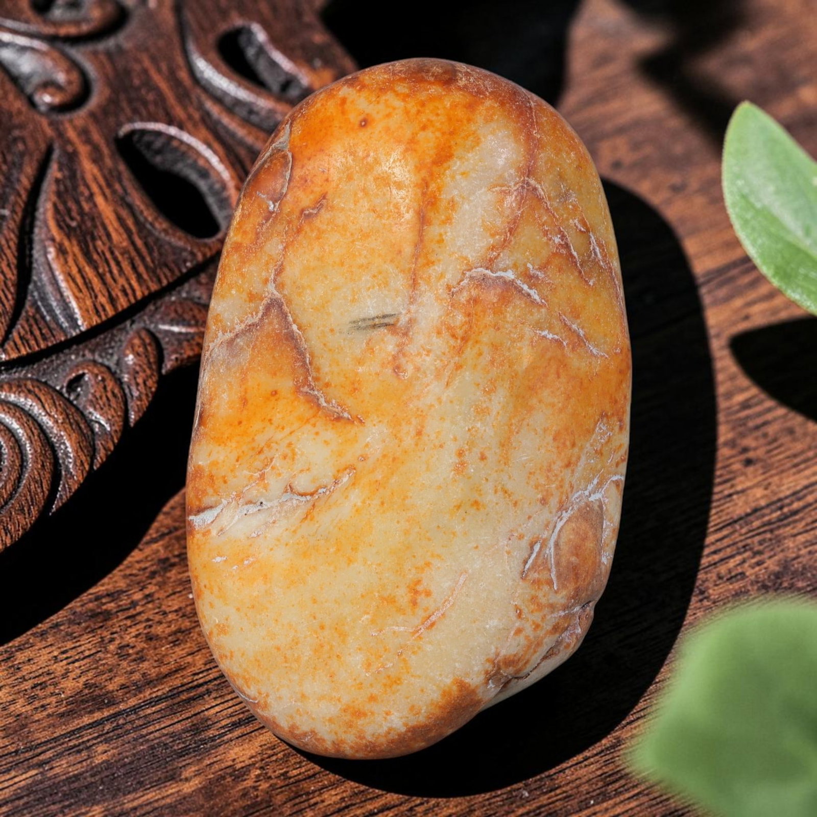 Natural Chinese Hetian Mutton Fat Nephrite Raw Seed Pebble Jade Stone, 81AS: This unprocessed raw rough is authentic natural Chinese Hetian mutton fat nephrite seed pebble jade, wrapped in a complete natural warm golden-orange russet skin layer that blankets nearly the entire 