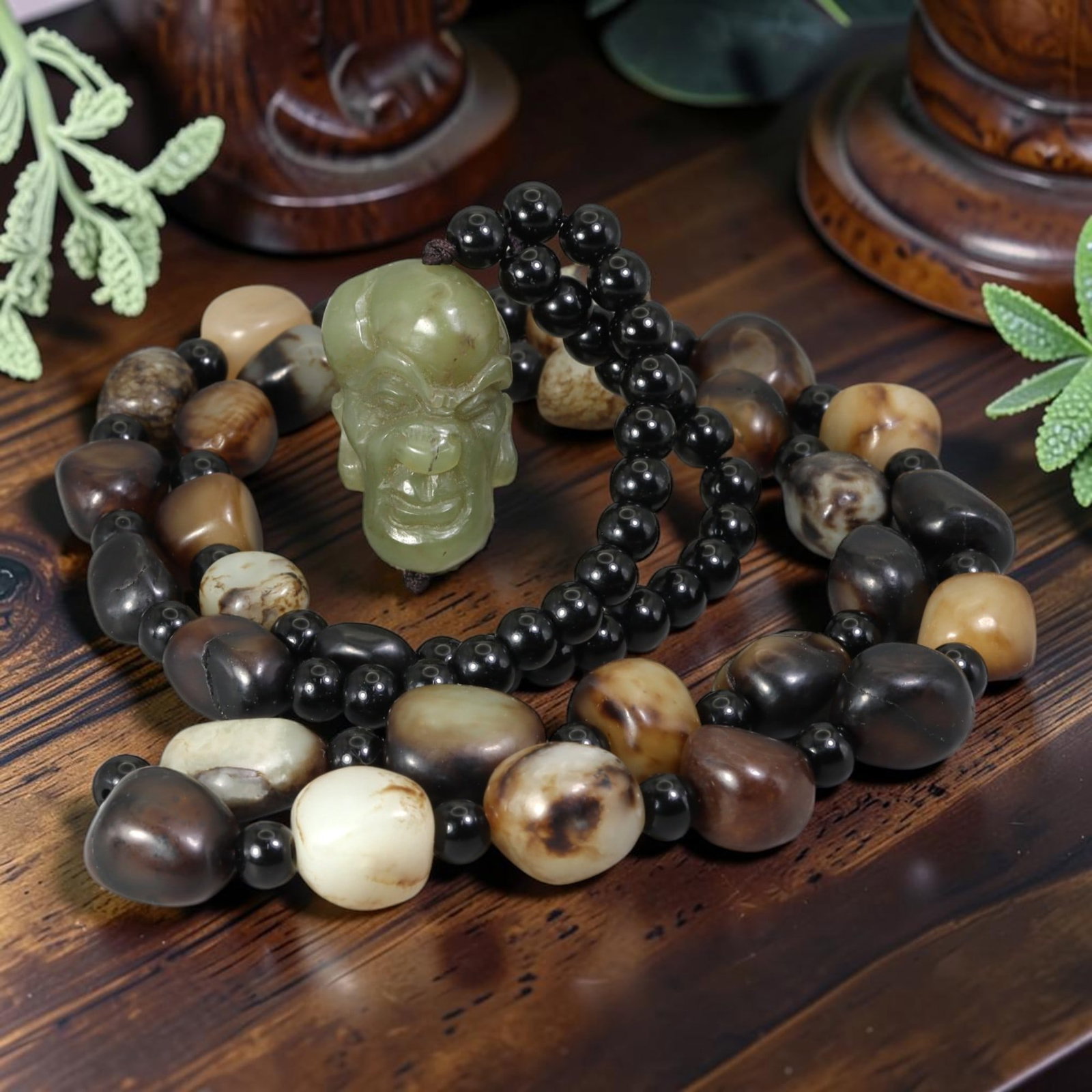 Natural Xinjiang Hetian Nephrite Black Skin Seed Pebble Necklace With Luohan Head Pendant, 37AT: This full-length wearable jade necklace strand measures 70 cm total length, crafted from authentic untreated Xinjiang Hetian nephrite river seed pebbles coated in rich natural black russet river skin 