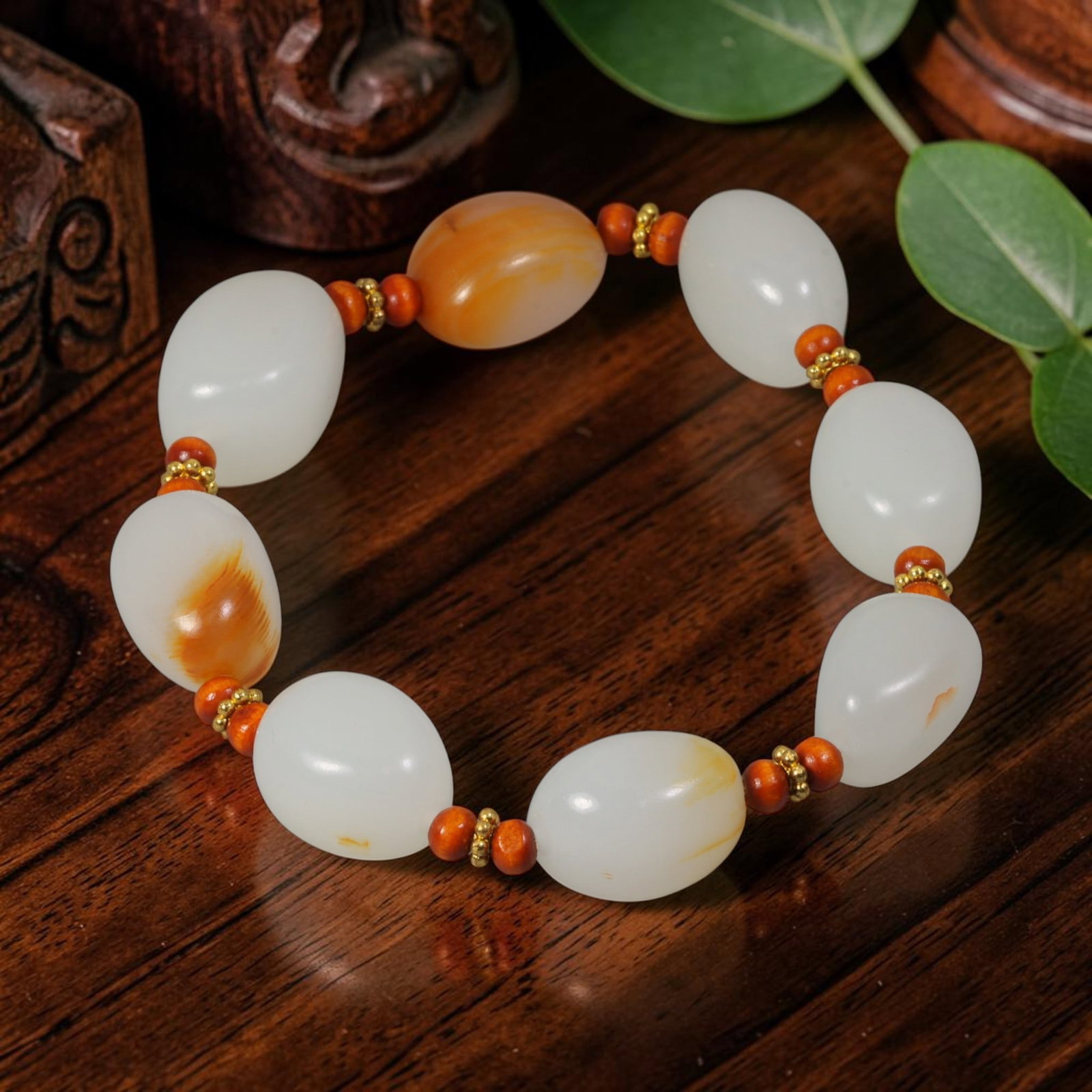 Chinese Hetian Nephrite White Seed Pebble Bracelet - Natural Russet Skin River Jade Ornament, 74AR: This bracelet is constructed from natural unworked Hetian nephrite white seed pebble jade, each stone retaining smooth organic oval river-worn silhouettes with creamy milky white base tone, accented b