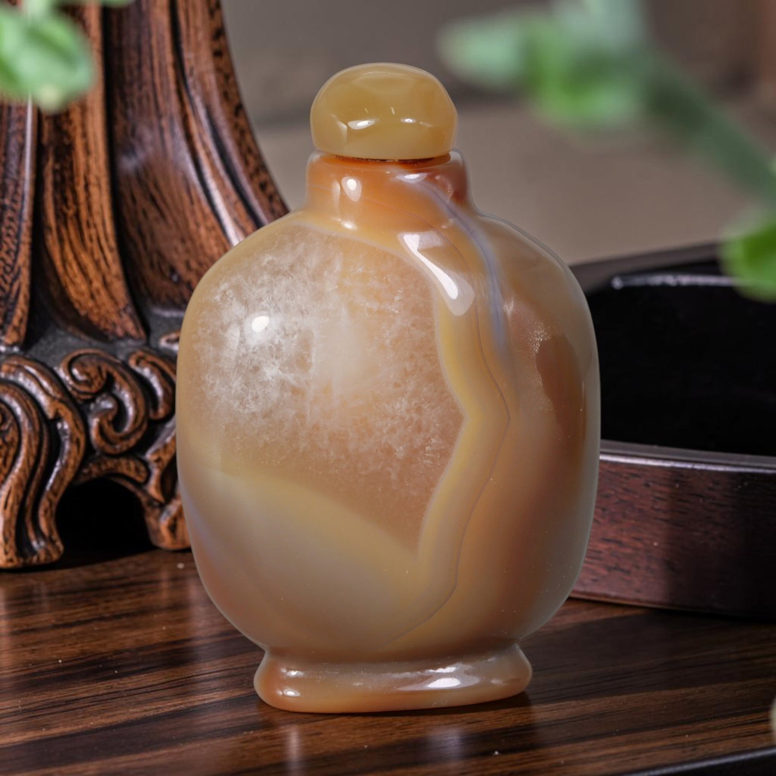 Natural Mongolian Agate Snuff Bottle - Honey Banded Chalcedony Vessel, 99AR: This hand-carved snuff bottle is shaped from natural Mongolian agate chalcedony, featuring a warm honey-amber translucent matrix marked by a prominent frosted crystalline mineral inclusion at the cent