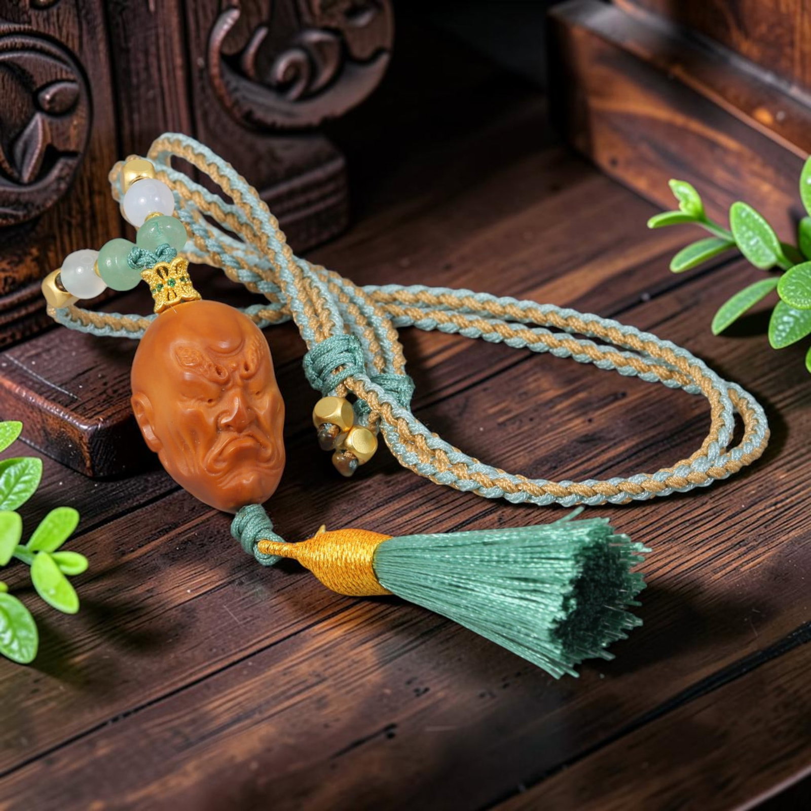 Chinese Olive Nut Pendant - Grim Arhat Luohan Head Carving, 18YJ: Formed from solid natural olive nut kernel, this wearable pendant features precise hand carving depicting a grim-faced Arhat (Luohan) head with sharply contoured stern facial features, a classic motif