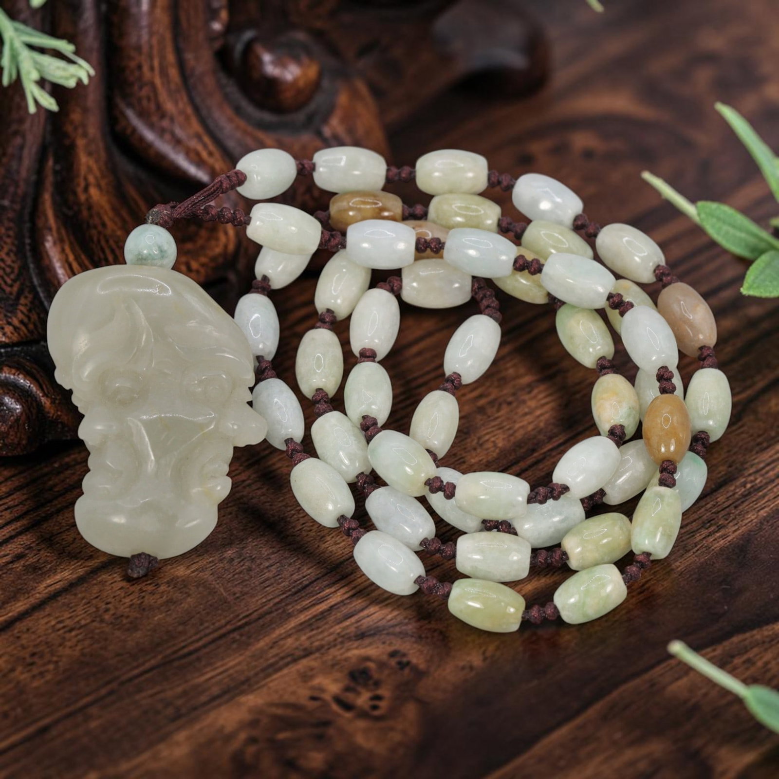 Burmese Jadeite Beaded Necklace with Hetian Jade Luohan Head Pendant, 93YJ: This necklace features a hand-carved Hetian jade luohan head pendant paired with natural Burmese jadeite pebble beads, strung on a brown cord. The pendant is crafted from pale Hetian jade with subtle 