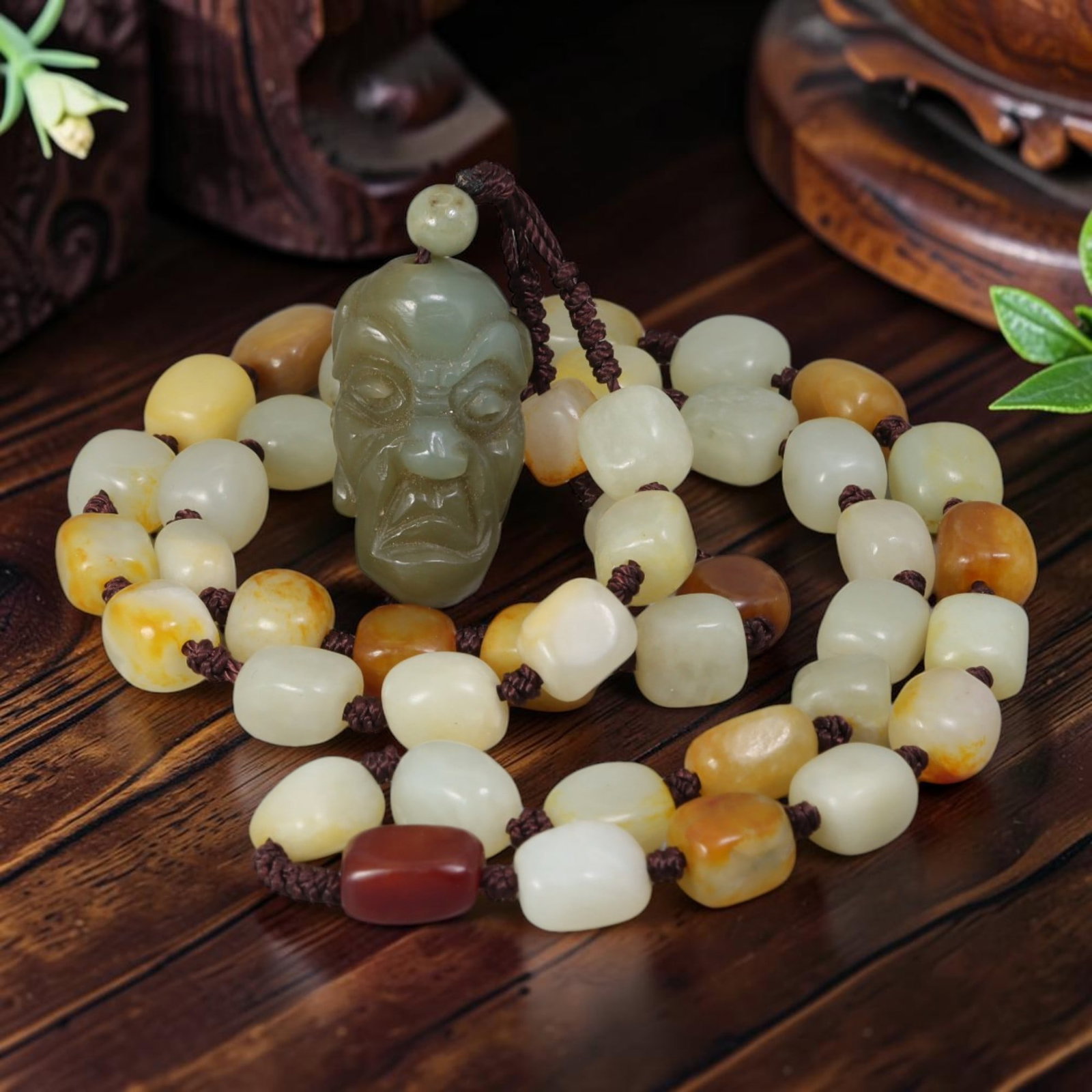 Natural Xinjiang Hetian Luohan Head Pendant Russet Skin Seed Jade Necklace, 23AT: This full wearable necklace strand measures 66 cm in total length, constructed from genuine natural Xinjiang Hetian nephrite river seed pebbles with natural warm orange russet skin patina across each 