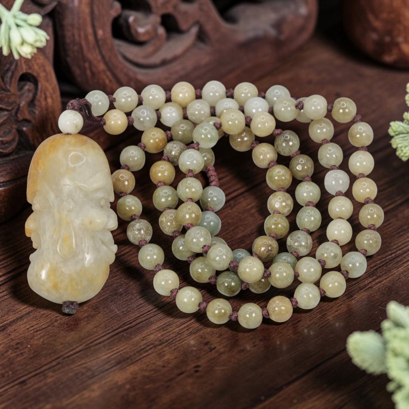Burmese Jadeite Beaded Necklace with Hetian Jade Luohan Head Pendant, 72YJ: This necklace features a hand-carved Hetian jade luohan head pendant paired with natural Burmese jadeite round beads, strung on a brown cord. The pendant is crafted from Hetian jade with warm russet s