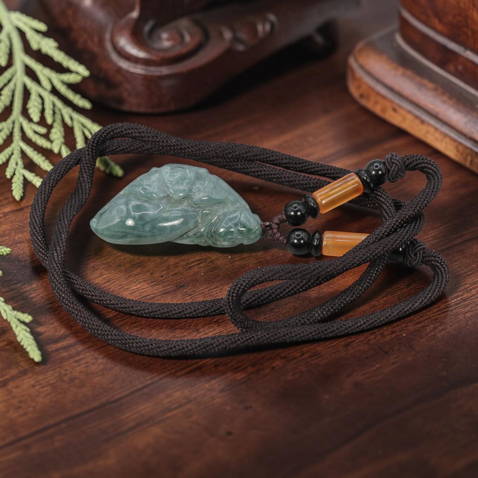 Natural Chinese Jade Bat & Gourd Pendant with Adjustable Brown Cord Necklace, 86YJ (1 of 1)