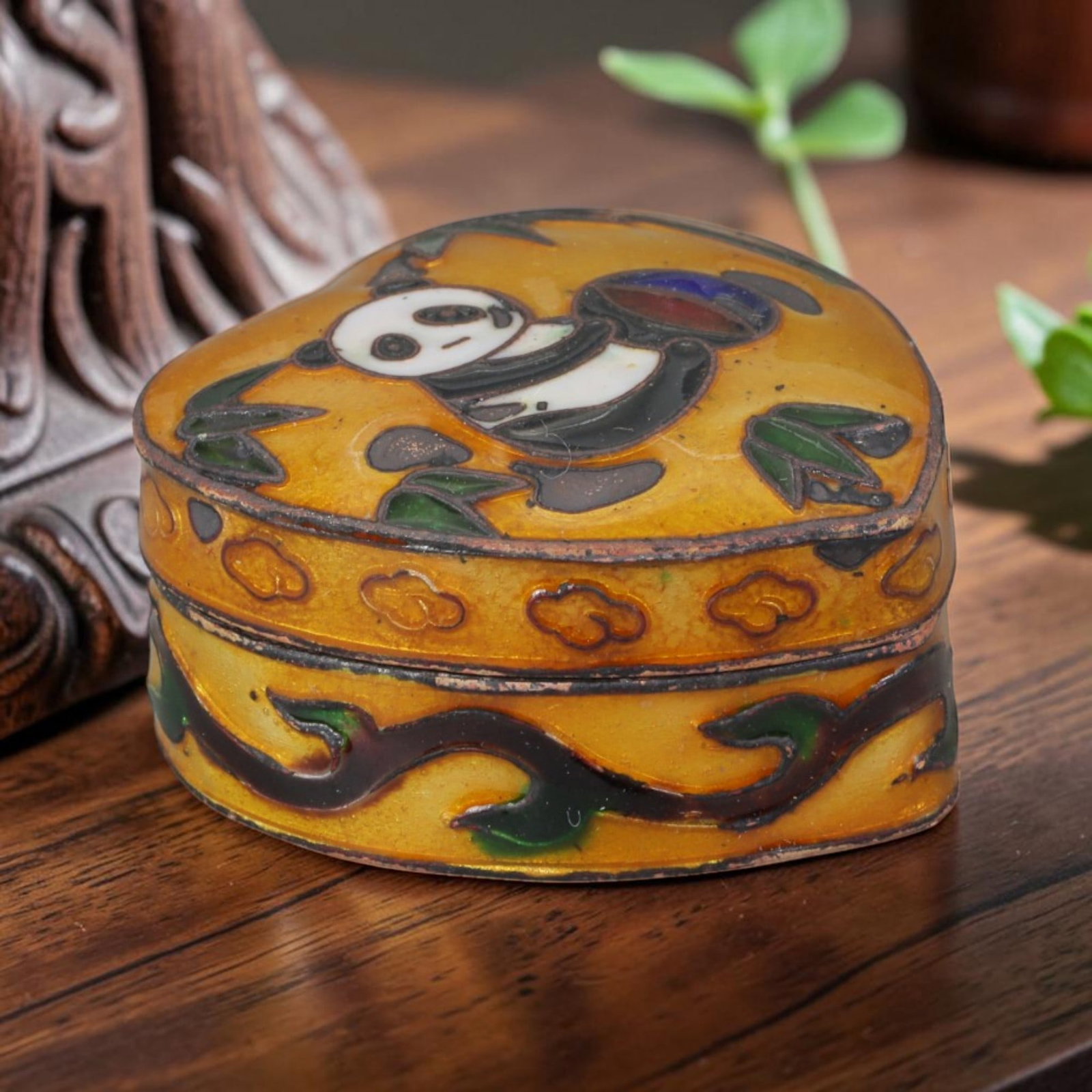 Vintage Chinese Copper Cloisonne Trinket Box - Panda Bamboo Enamel Casket, 23AR (1 of 2)