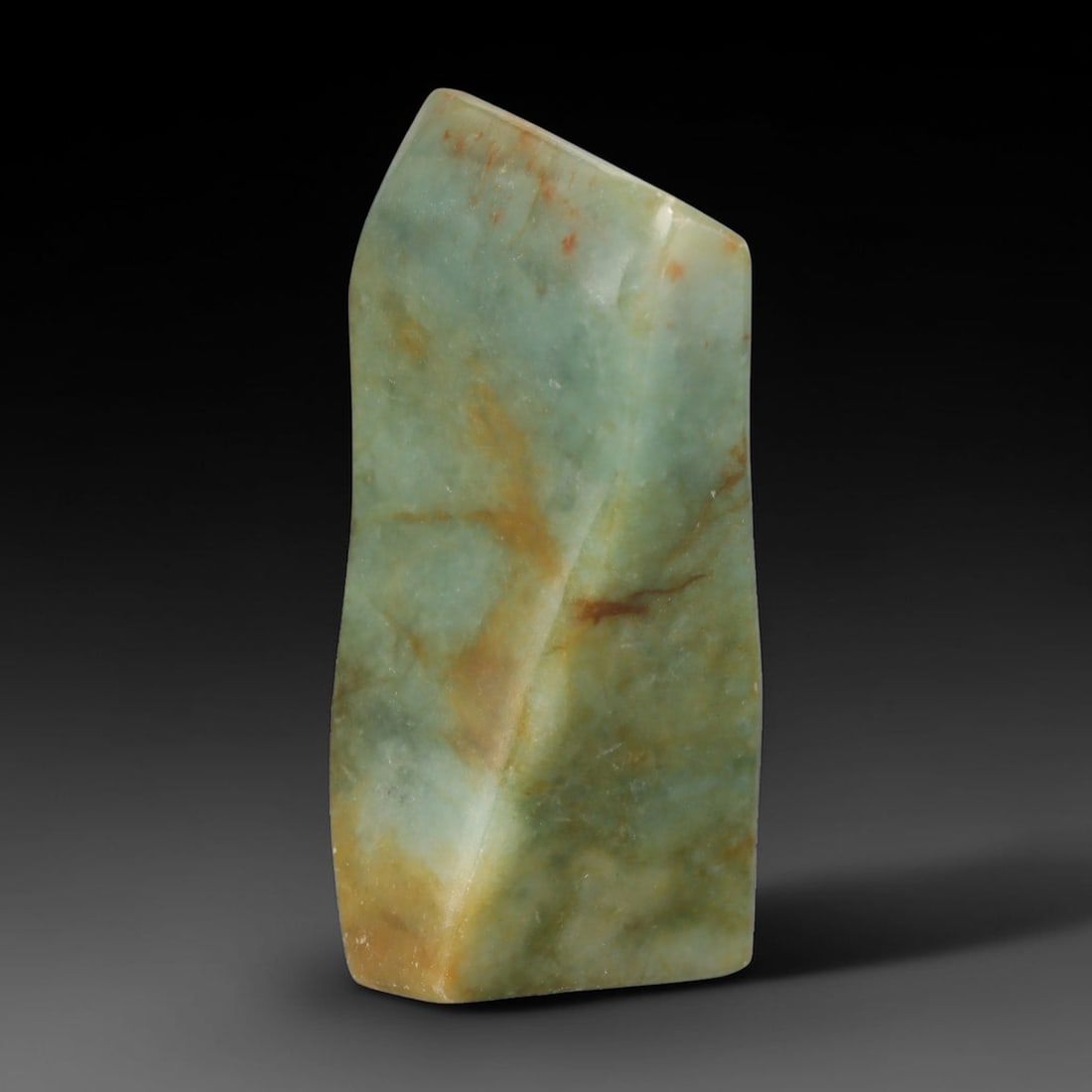 605ct Natural Type A Burmese Jadeite Jade Polished Sliced Rough, 97AZ: This specimen is a sliced rough block of natural Type A Burmese jadeite jade. The interior displays natural colour zoning with visible mineral veining and crystalline patterns typical of unprocessed j
