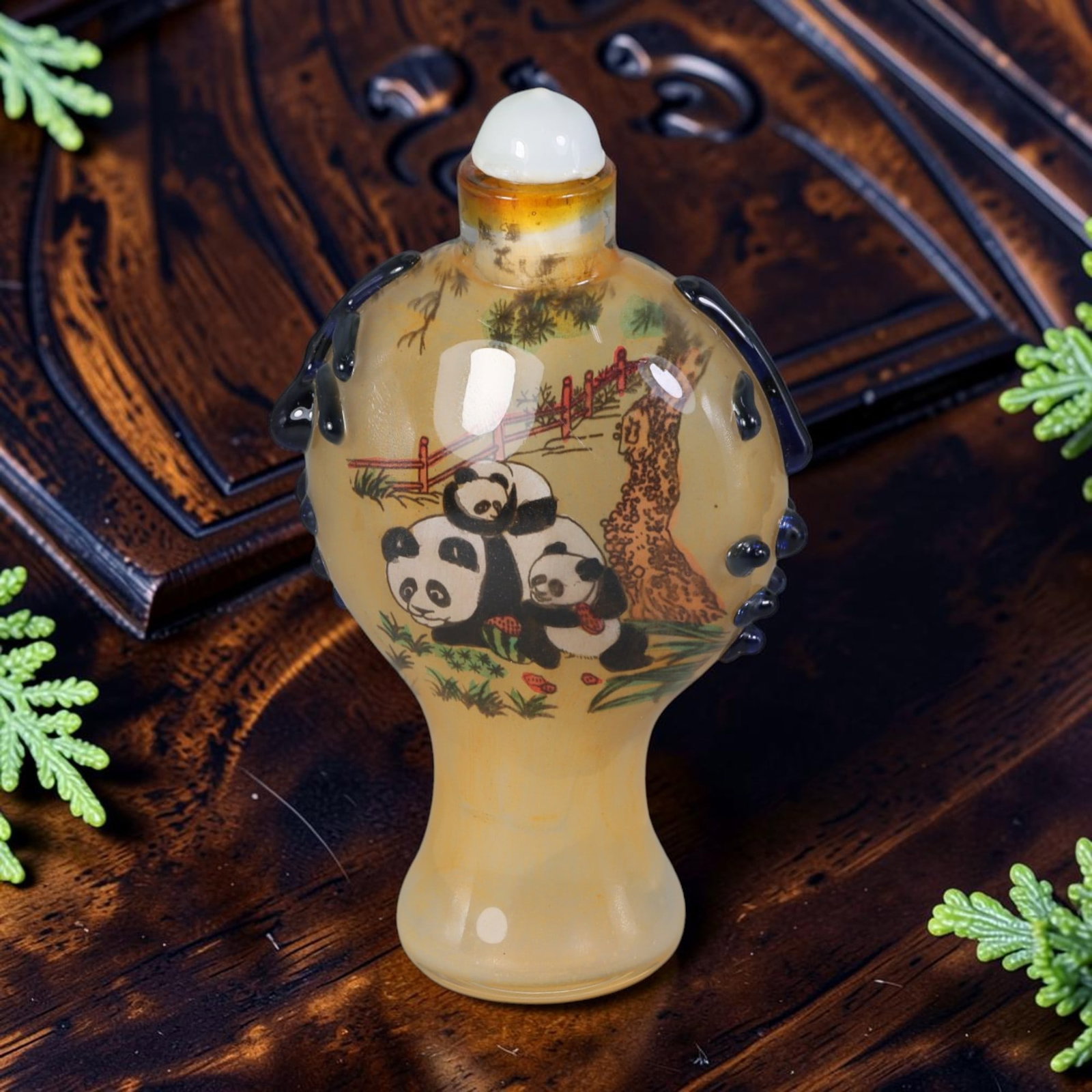 Vintage Chinese Inside Painted Peking Glass Snuff Bottle - Hand Reverse Painted Panda Family, 28AS: This uniquely shaped gourd-style snuff bottle is crafted from translucent warm beige frosted Peking glass, decorated with fine traditional Chinese inner reverse painting artwork featuring a playful pa