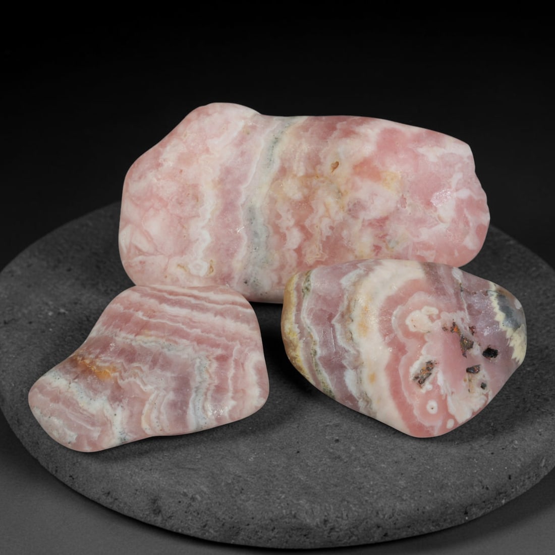 53ct 3pcs Natural Argentine Rhodochrosite Banded Tumbled Rough Set, 17FD: This listing features three individual tumbled rhodochrosite rough pieces sourced from Argentina Capillitas deposits, each showcasing distinct layered banding of soft rose pink, cream white and pale t