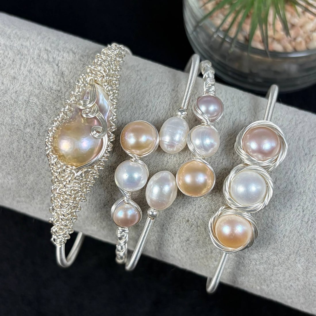 Lot of 3 Natural Freshwater Baroque Pearl Silvered Wire Wrapped Open Cuff Bracelets Handmade, 13EB: Handcrafted artisanal open cuff bracelet set, a curated lot of three unique freshwater pearl bangles, fully hand-wrapped with polished silvered craft wire. Each design features distinct wire art techn