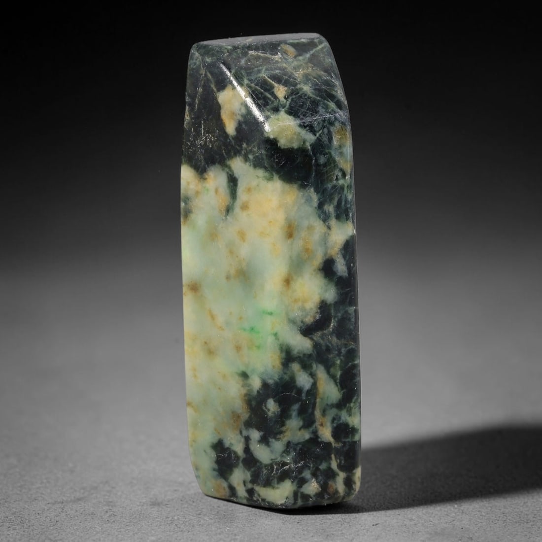 209ct Natural Type A Burmese Jadeite Jade Sliced Rough, 30FB: This specimen is a sliced rough block of natural Type A Burmese jadeite jade. The interior displays natural colour zoning with visible mineral veining and crystalline patterns typical of unprocessed j