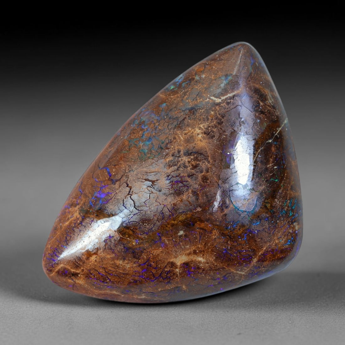53.25ct Natural Australian Queensland Matrix Boulder Opal Large Freeform Teardrop Cabochon, 48FB: Hand polished oversized organic freeform teardrop cabochon of natural Queensland matrix boulder opal, featuring warm speckled caramel ironstone matrix densely threaded with intricate fractal opal vein