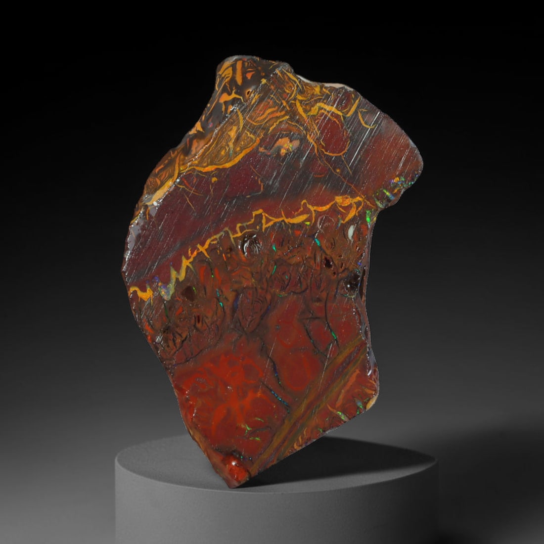 17.29ct Natural Australian Queensland Boulder Opal Sliced Slab Cutting Rough, 14AX: Natural sliced slab rough of Queensland boulder opal cutting grade, featuring rich color ironstone matrix with patterns. The face clearly reveals extensive opal veining and pocket formations running t