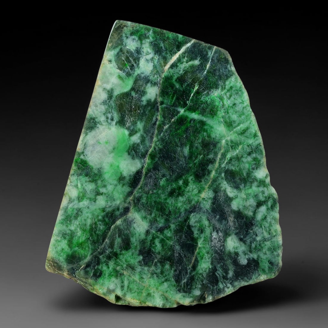 167.76Ct Natural Type A Burmese Jadeite Jade Sliced Rough, 96AY: This is a sliced, partially processed rough stone of Type A Burmese jadeite jade, weighing 167.76 carats and measuring 4.53x3.87x0.93 cm. Its two polished flat faces feature heavily mottled patterning