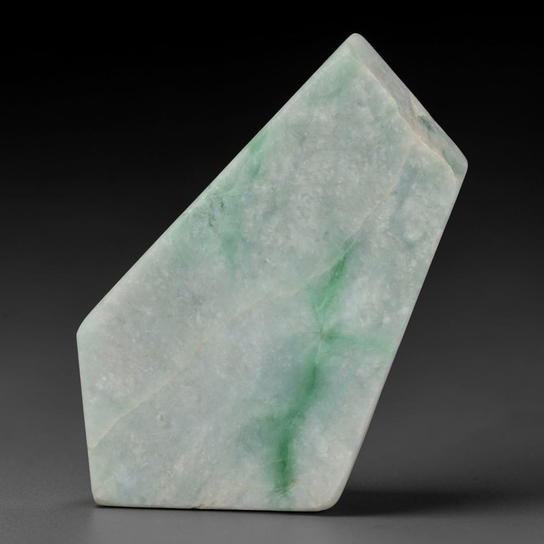 310ct Natural Type A Burmese Jadeite Jade Sliced Rough, 66FB: This specimen is a sliced rough block of natural Type A Burmese jadeite jade. The interior displays natural colour zoning with visible mineral veining and crystalline patterns typical of unprocessed j
