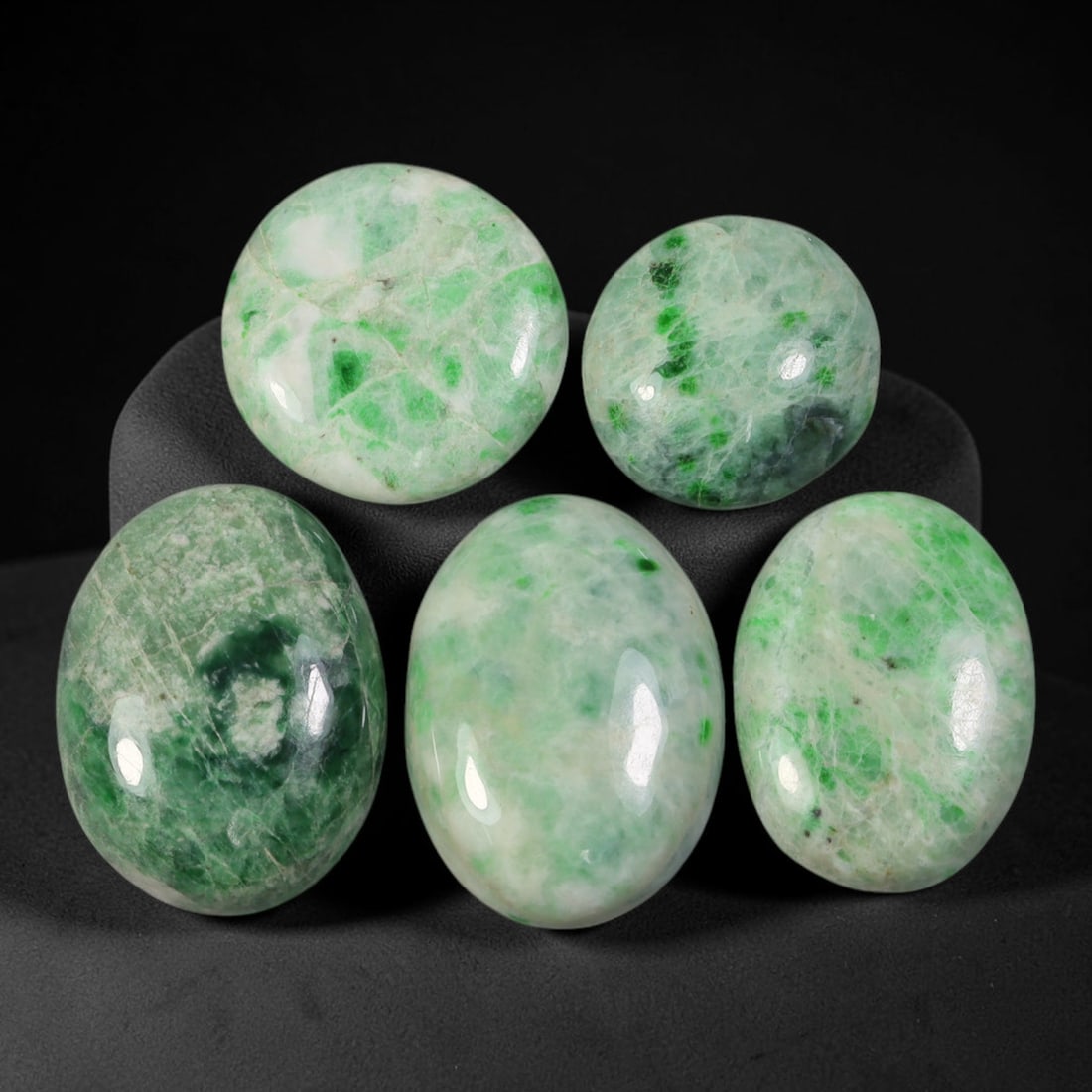 Lot of 5pcs 84ct Natural Burmese Type A Mint Emerald Ice Jadeite Jade Cabochons, 63AV: This wholesale bulk lot contains 5 fully untreated natural Burmese Type A jadeite jade cabochons in mixed round and oval silhouettes, total combined weight 84ct with maximum dimension 23x17mm. Each tr