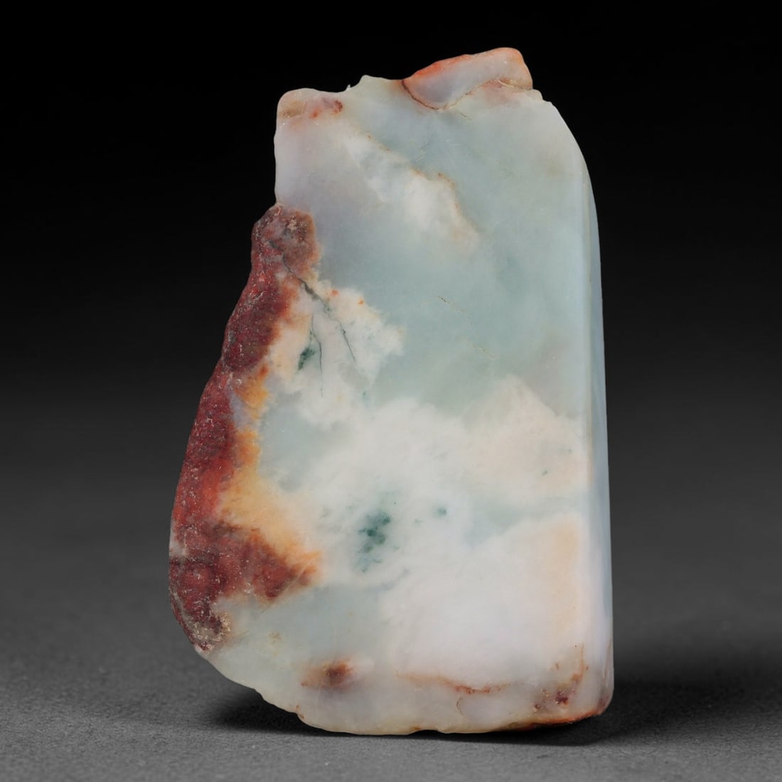 335ct Natural Type A Burmese Jadeite Jade Sliced Rough, 67FB: This specimen is a sliced rough block of natural Type A Burmese jadeite jade. The interior displays natural colour zoning with visible mineral veining and crystalline patterns typical of unprocessed j