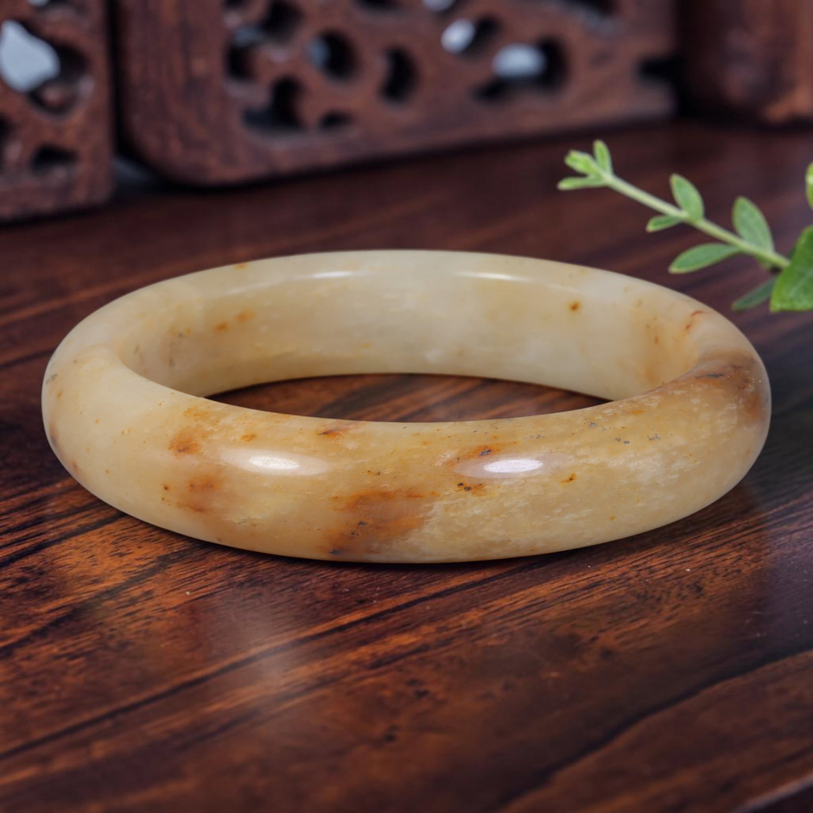 Natural Burmese Type A Honey Yellow Russet Speck Jadeite Jade Bangle, 94FD: Crafted from natural untreated Burmese Type A jadeite jade, this wide band bangle features a creamy pale honey base scattered with warm russet and amber brown speckled natural mineral inclusions, crea