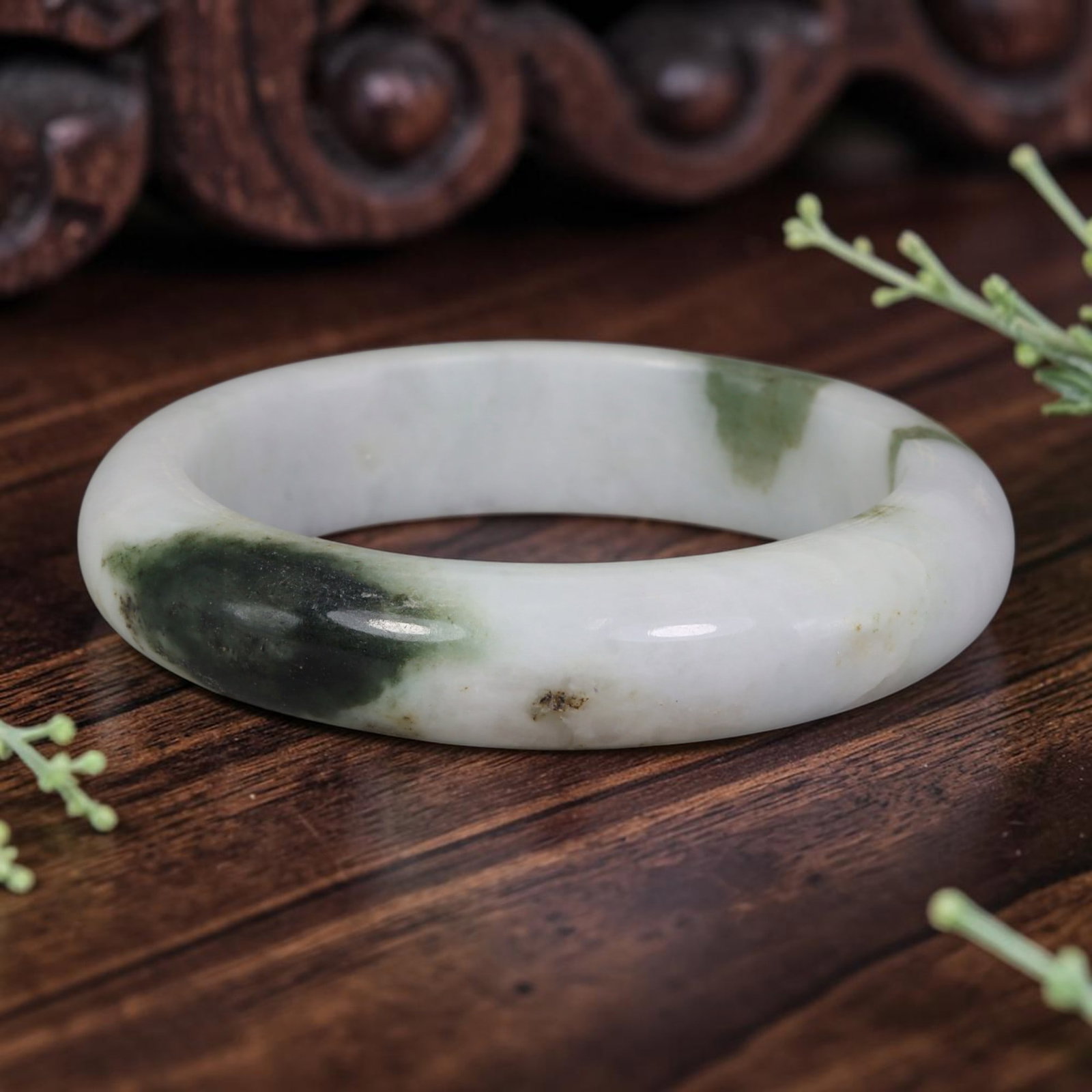 Natural Burmese Type A Bold Dark Patch Green Jadeite Jade Bangle, 88FD: Crafted from natural untreated Burmese Type A jadeite jade, this petite 52mm bangle features a striking large deep forest green patch paired with a smaller soft green splash against a clean milky whit