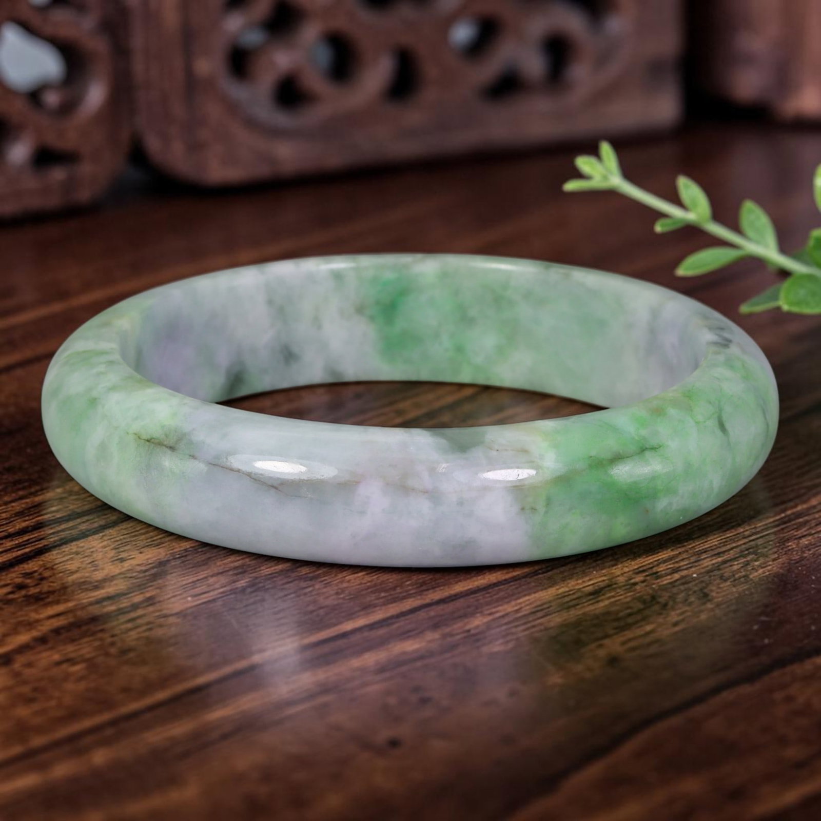 Natural Burmese Type A Two-Tone Green Lavender Floating Jadeite Jade Bangle, 89FD: Crafted from natural untreated Burmese Type A jadeite jade, this medium-fit bangle showcases soft mint green cloud patches blending seamlessly with delicate pale lavender white base, forming a gentle 