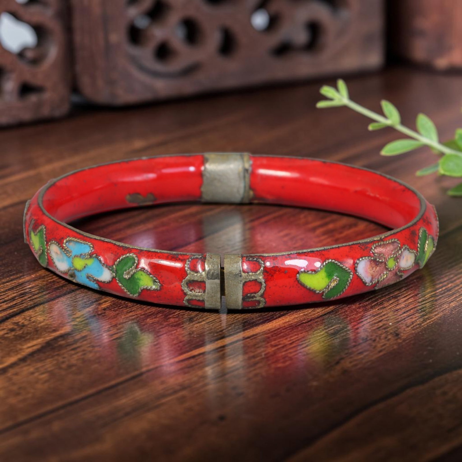 Vintage Chinese Cloisonne Bangle - Red Floral Enamel Bracelet, 72FD (1 of 1)